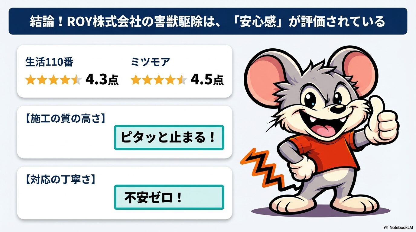ROY株式会社が提供するネズミ駆除は、質の高さや対応の丁寧さから安心できると定評があります。