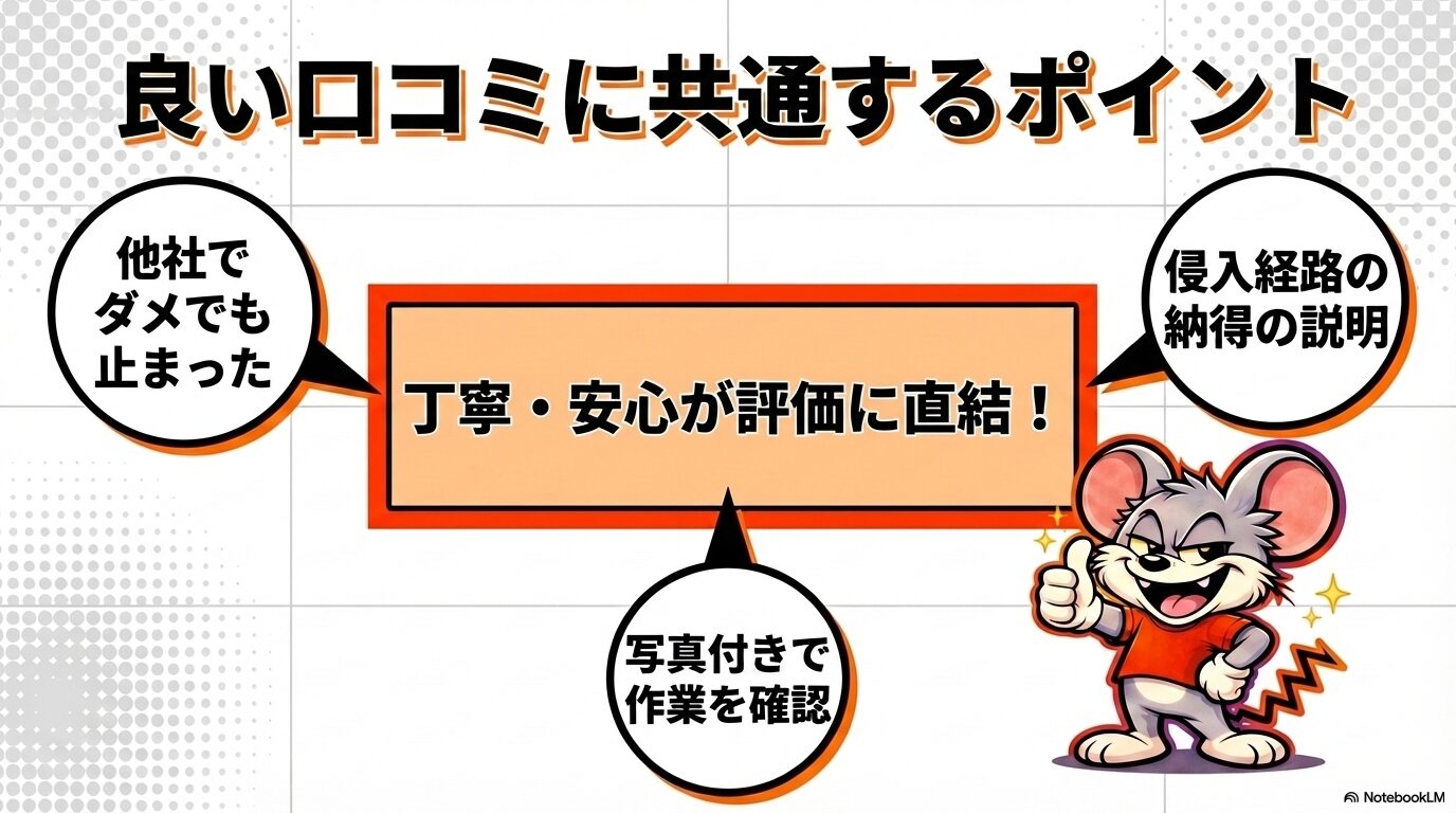 ROY株式会社のネズミ駆除の口コミ・評判の高さは、サービスの透明性や丁寧さが理由です。