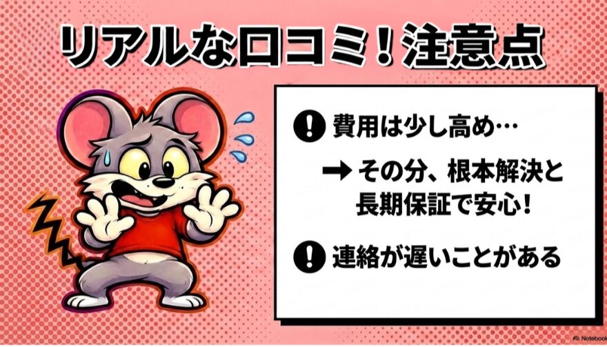 ROYのネズミ駆除のリアルな口コミから分かる注意点。一つ目は、費用が高め。これは裏を返すと、根本解決と長期保証を備えている証拠。二つ目は、連絡が遅い事がある。これについては、見積時に見極めが必要。