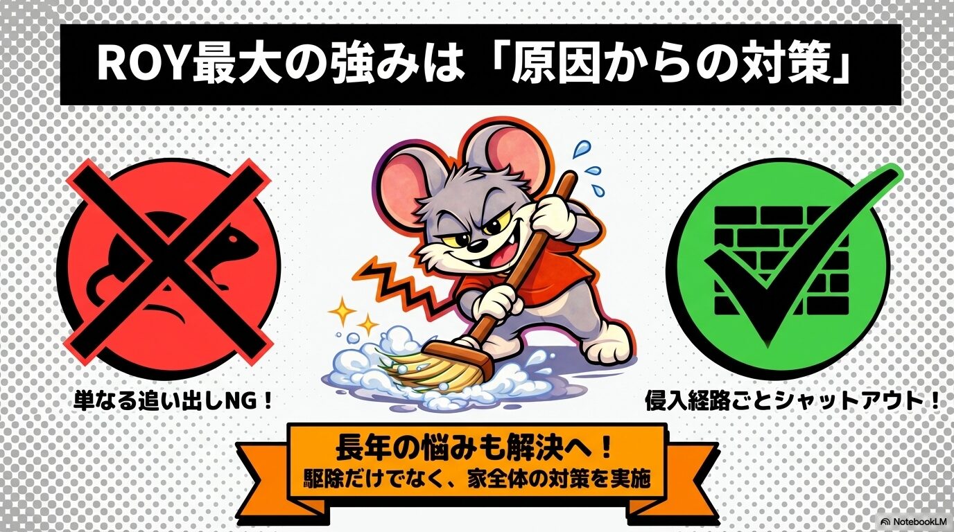 ROY株式会社のネズミ駆除は、ネズミを捕獲・追い出しするだけでなく、侵入経路を塞ぎ、ネズミを入れない対策で再発ストップ。