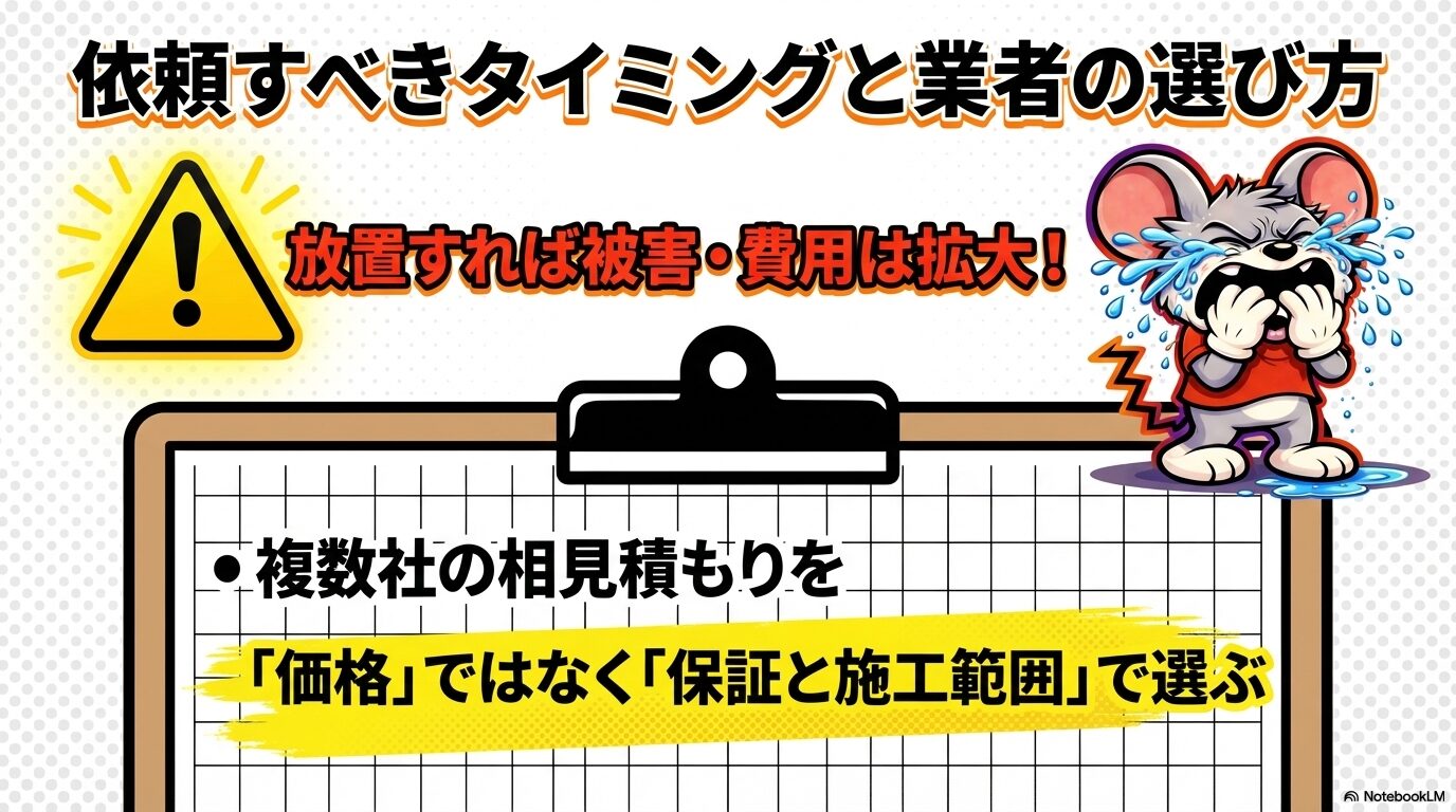 害獣被害に気付いた時が駆除を依頼するタイミングです。放置すれば被害や出費が拡大することに。