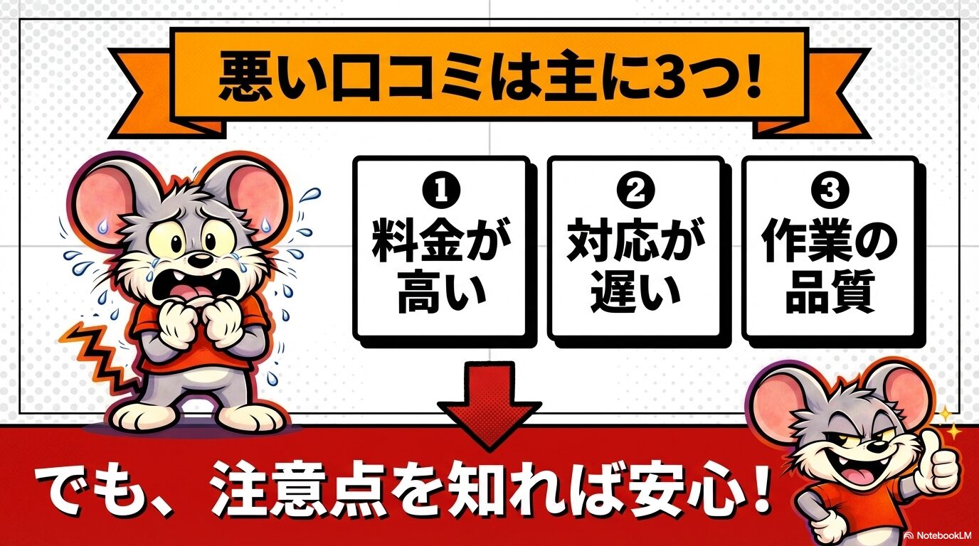 悪い口コミは主に３つ。①料金が高い、②対応が遅い、③作業の品質
ただし、注意点を知れば安心して依頼できます。