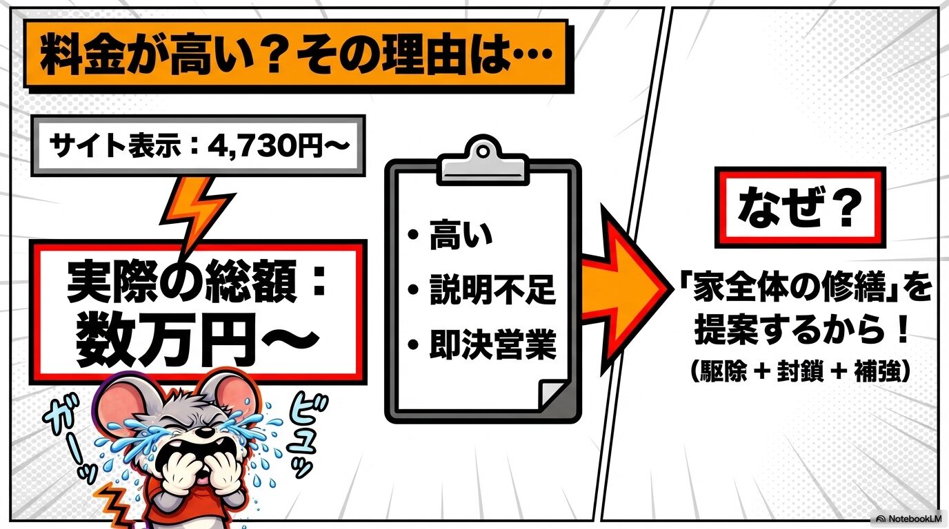 ROY株式会社のネズミ駆除が高い理由は、再発を防ぐために家全体の修繕に波及するから。
4,730円という数字はあくまでも最低の駆除料金ということを知っておこう！