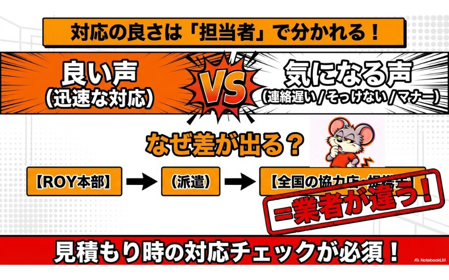 対応の良し悪しについては、担当者で分かれることがあります。
ROY株式会社は、全国に協力会社がいて、その業者によって対応の質に差があることも。
見積り時の対応チェックが重要です。