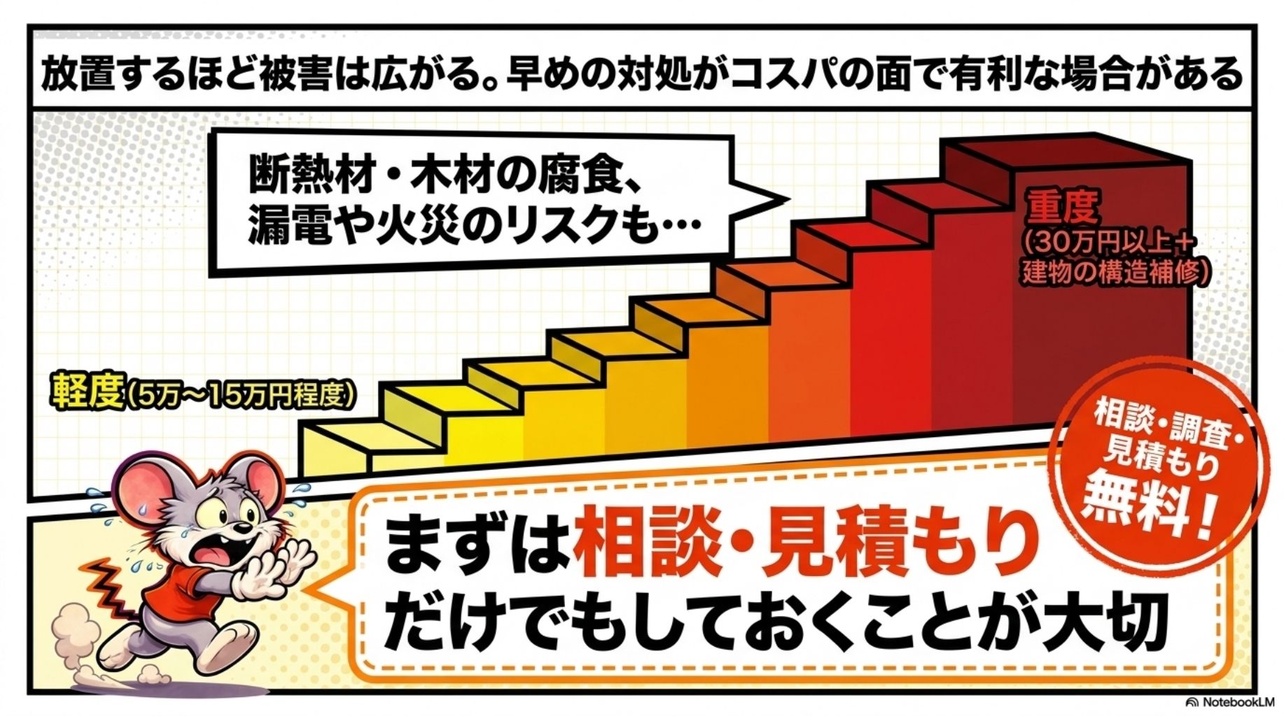 害獣被害は放置するほど被害が広がります。
早めの対応がコスパ面で有利な場合がほとんどです。