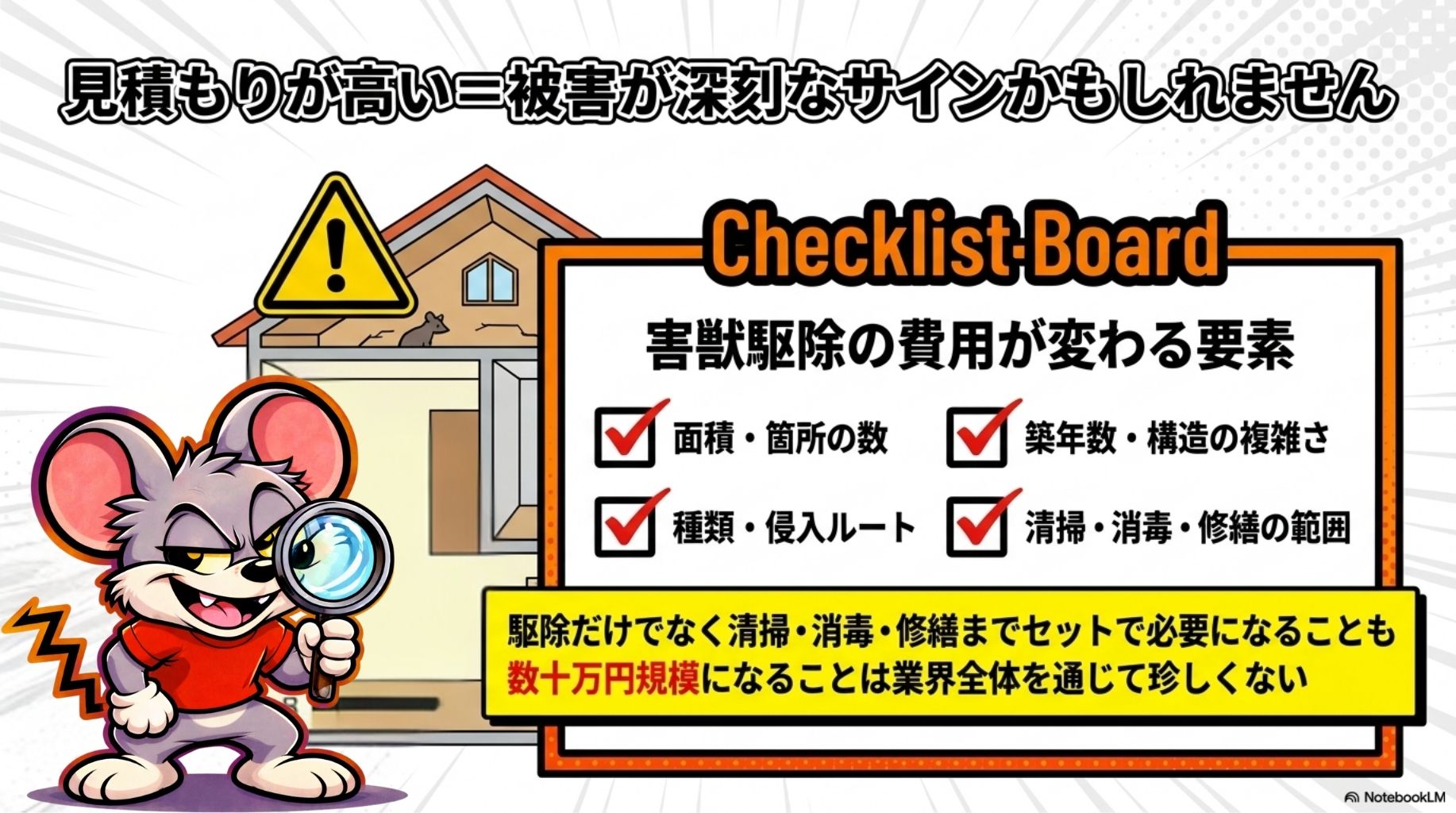 被害が広がっている場合、駆除だけでなく清掃や修繕も必要になることも。そうすると代金が高額になることは業界全体を見ても珍しくありません。