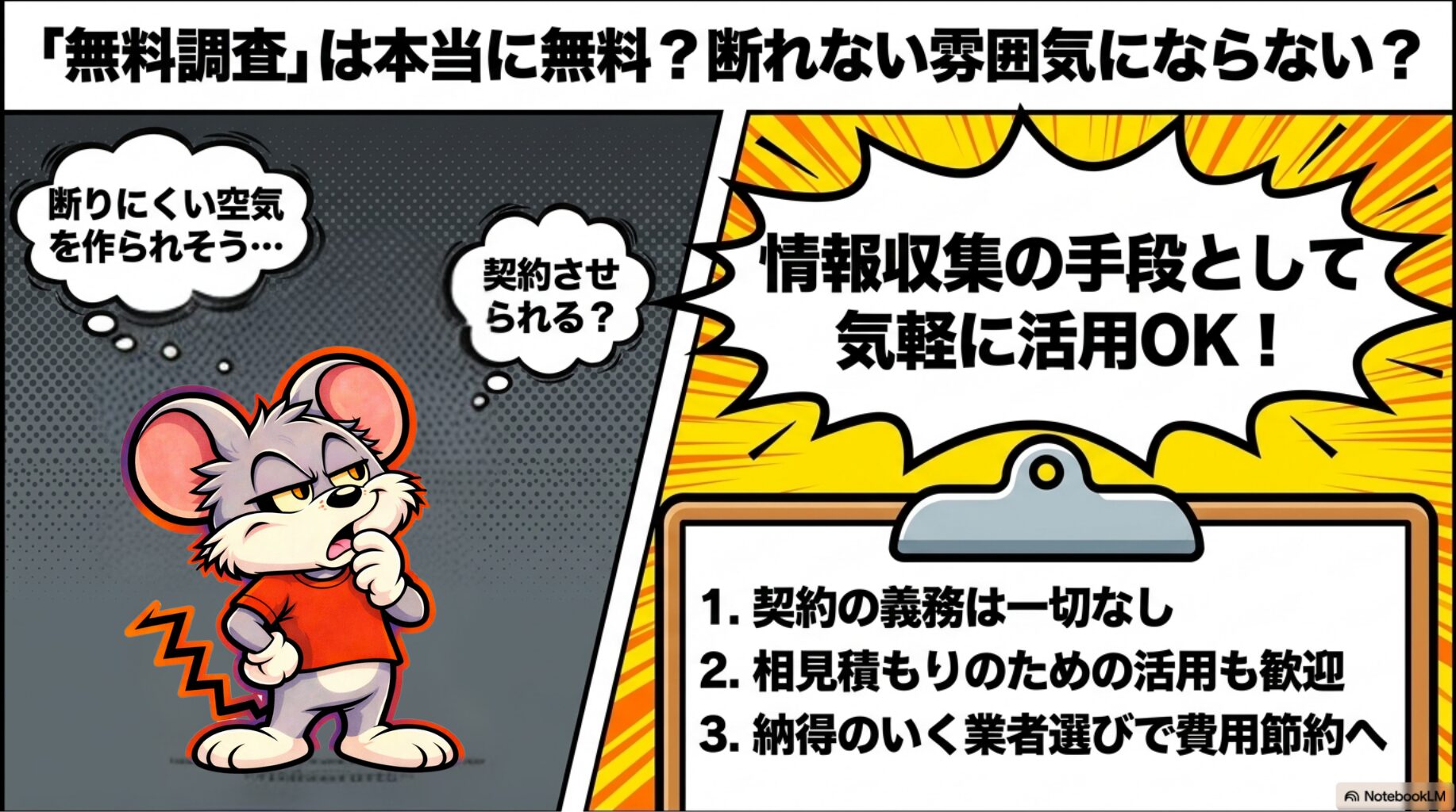 「無料調査」は本当に無料？断れない雰囲気にならない？ | 「無料調査」は本当に無料？断れない雰囲気にならない？の概要を図解したスライド