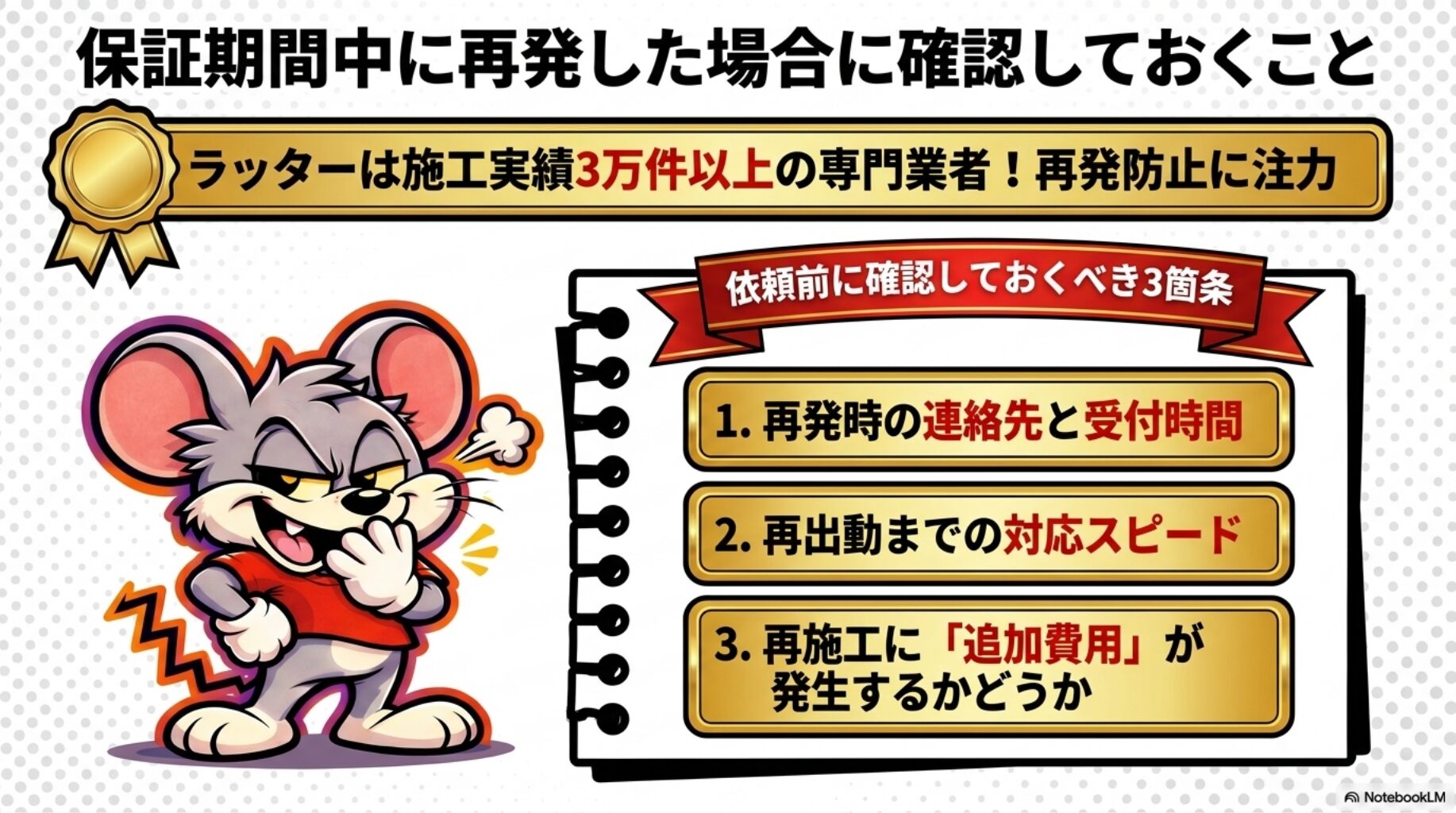 保証期間中に再発した場合に確認しておくこと | 保証期間中に再発した場合に確認しておくことを解説したスライド