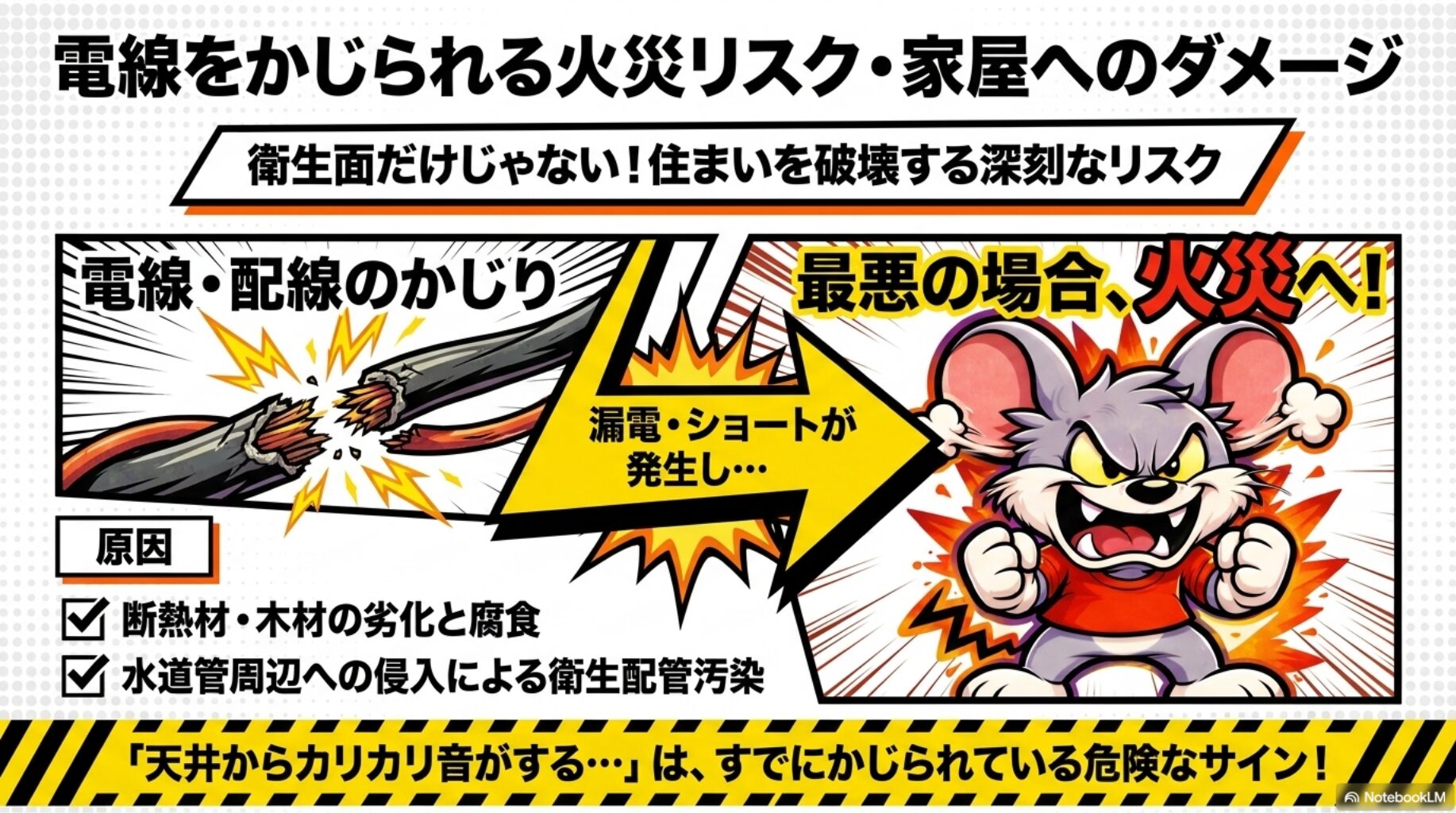 電線をかじられる火災リスク・家屋へのダメージ | 電線をかじられる火災リスク・家屋へのダメージを解説したスライド