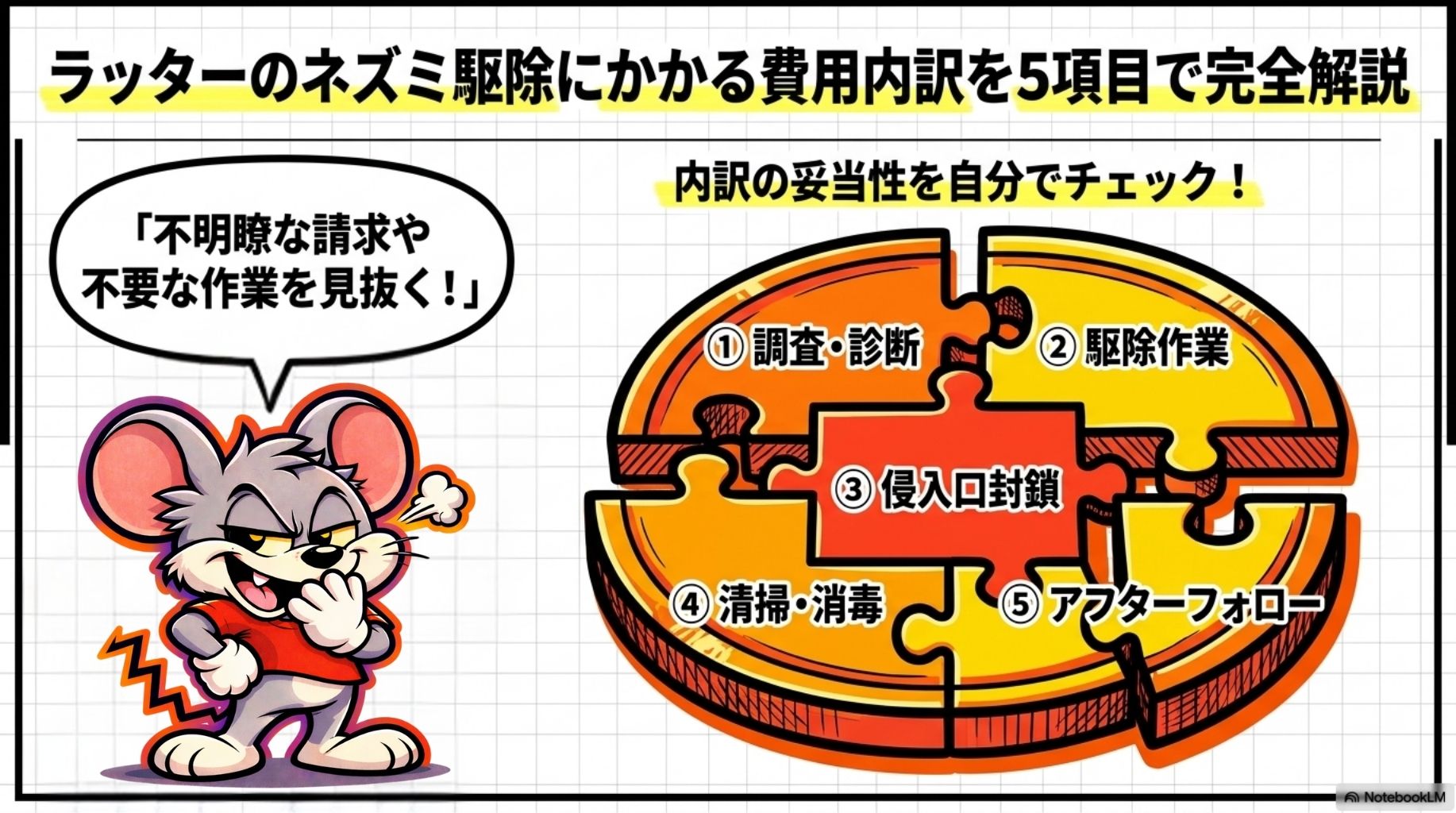 ラッターのネズミ駆除にかかる費用内訳を5項目で完全解説 | ラッターのネズミ駆除にかかる費用内訳を5項目で完全解説の概要を図解したスライド