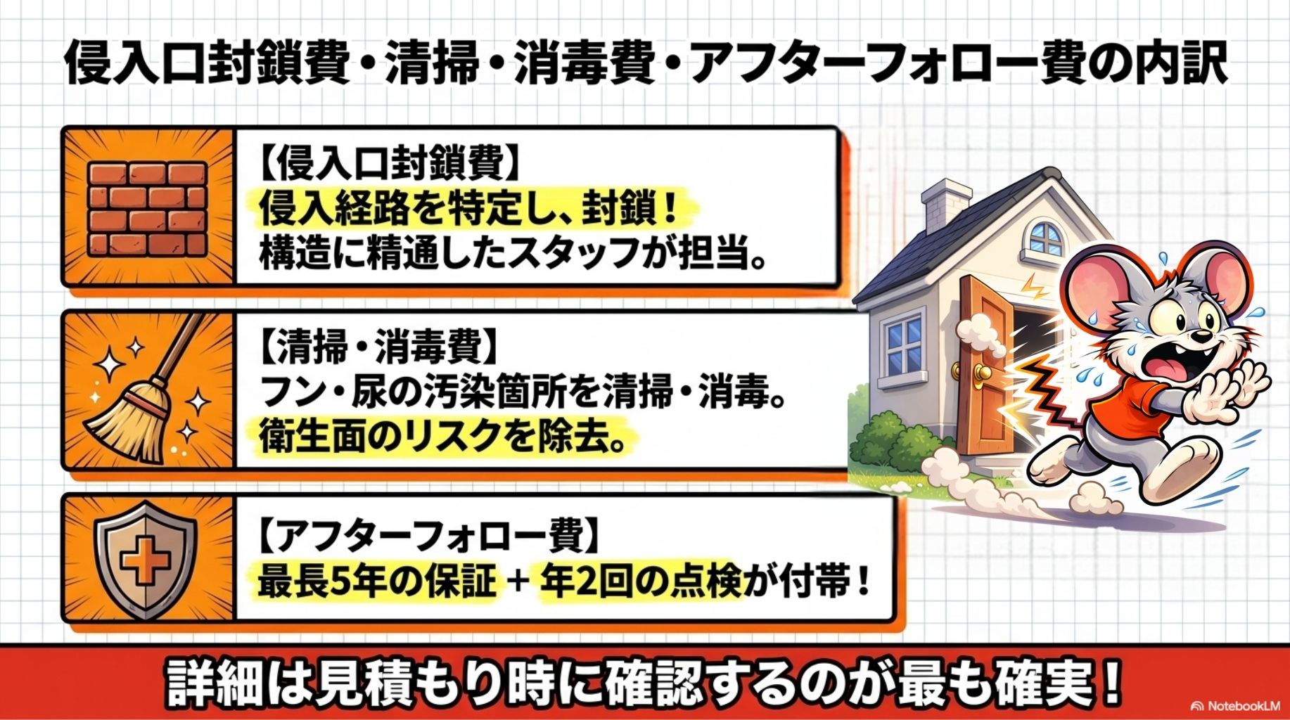 ③侵入口封鎖費・④清掃・消毒費・⑤アフターフォロー費の内訳 | ③侵入口封鎖費・④清掃・消毒費・⑤アフターフォロー費の内訳を解説したスライド