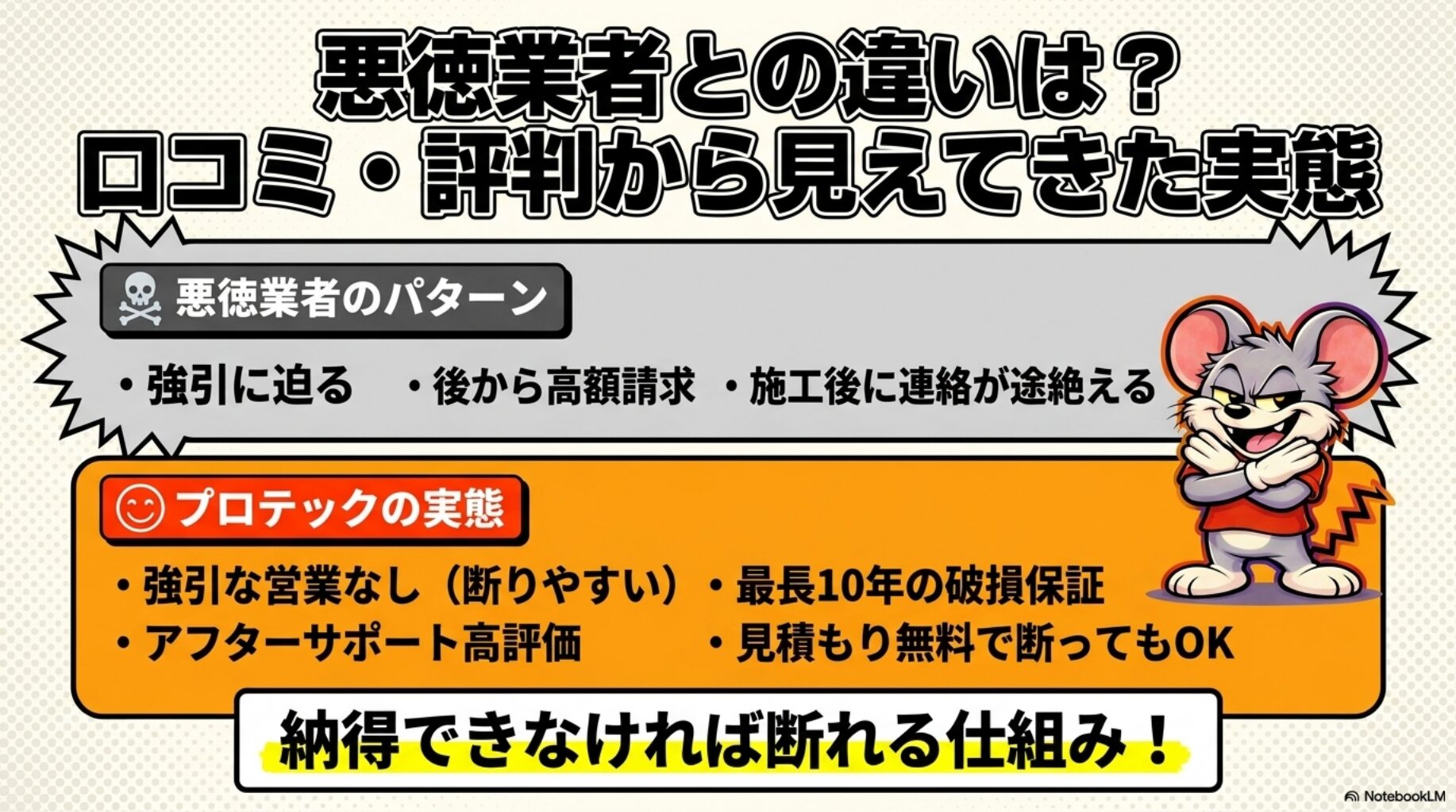 害獣プロテックは、①強引な営業なし、②最長10年破損補償、③afterサポート、④見積り無料で断ってもOKと口コミで高評価を得ています。