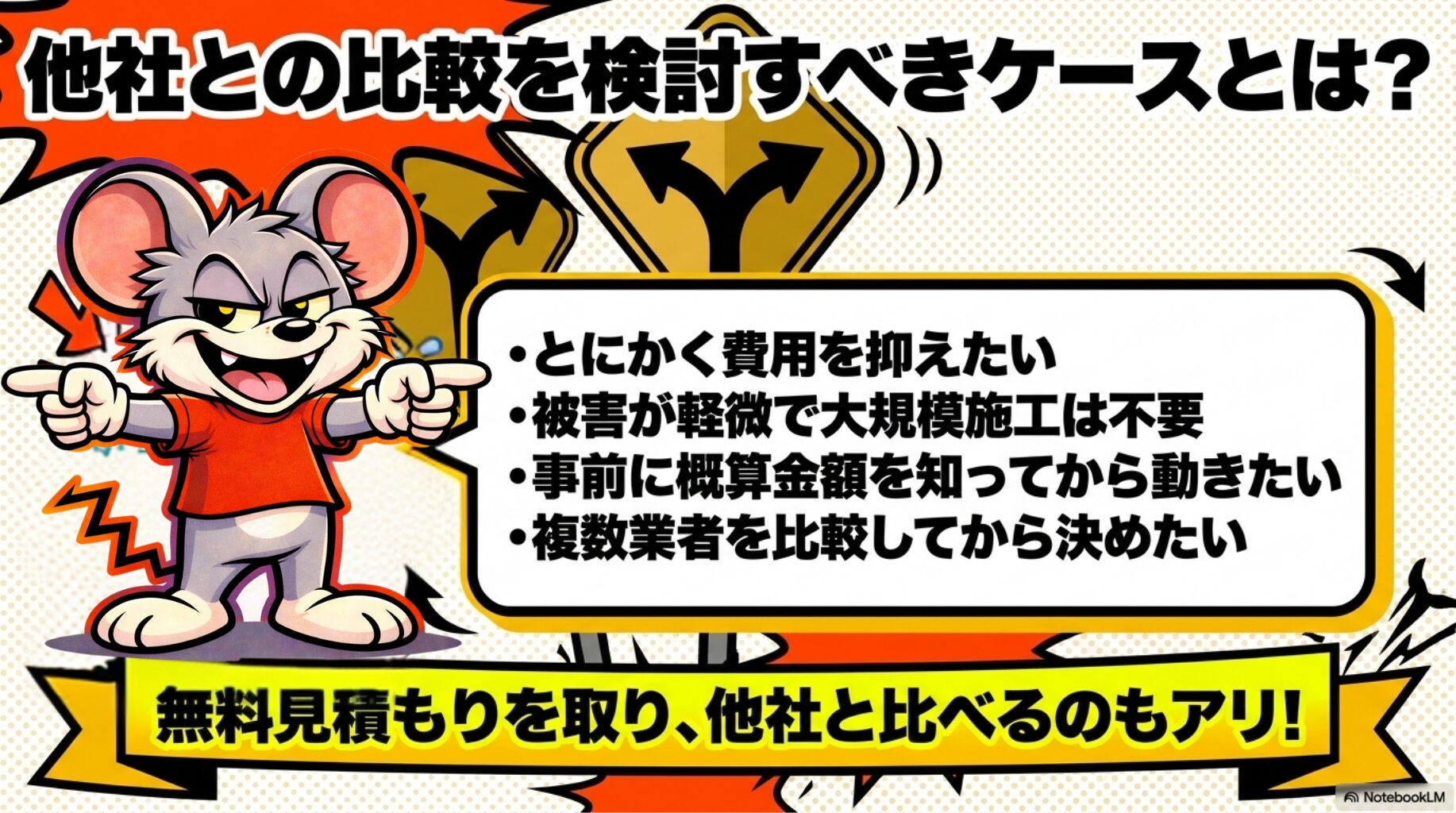 ①費用を抑えたい、②大規模施工不要、③事前に金額を知りたい、④比較して決めたい、この場合は他社との比較を検討も視野に入れてOK