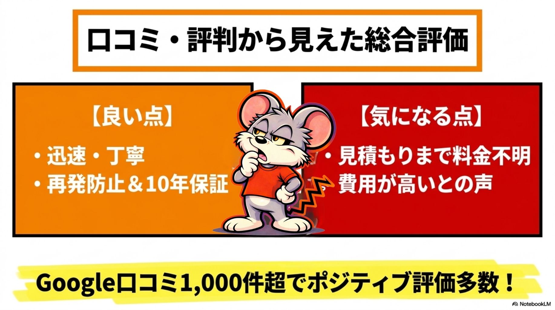 害獣プロテックの口コミや評判から見えた総合評価は、対応が迅速かつ丁寧というもの。また、再発防止や保証などのアフターサービスがあり安心できそうです。一方、料金面についてきになるという声も。