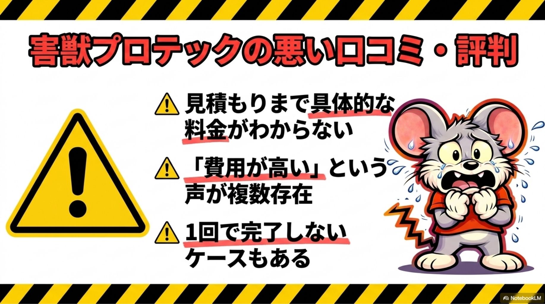 害獣プロテックの害獣駆除について、①具体的な料金が不明、②費用が高い、③１回で完了しないという口コミがあります。