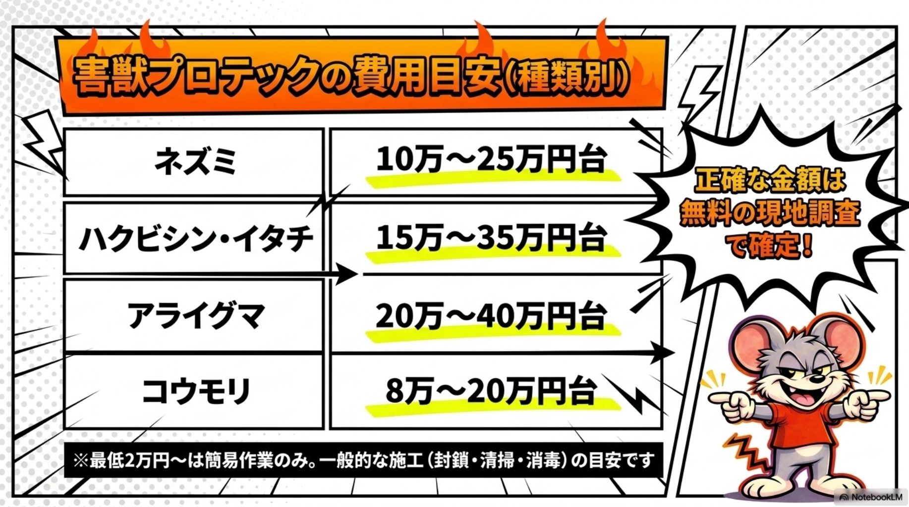 害獣プロテックの費用を対象害獣別に解説しています。
