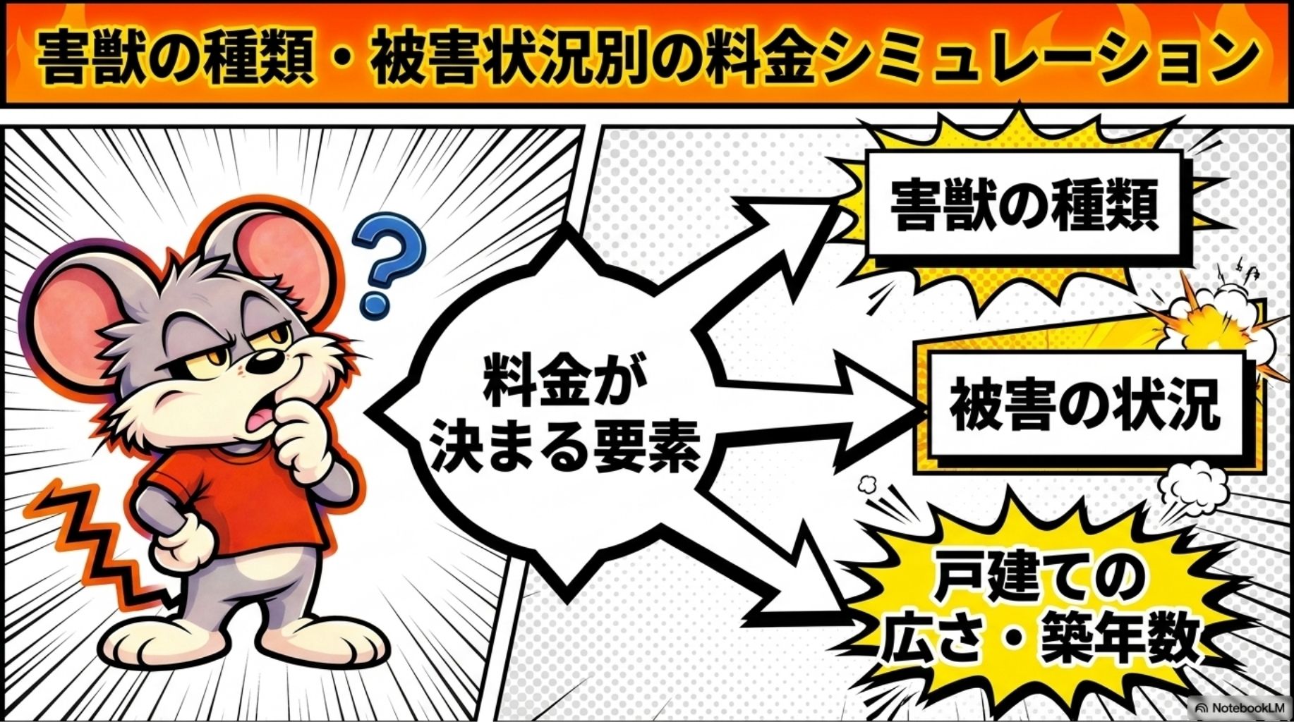 害獣プロテックは、①害獣の種類、②被害状況、③建物の広さや築年数で料金が決まります。