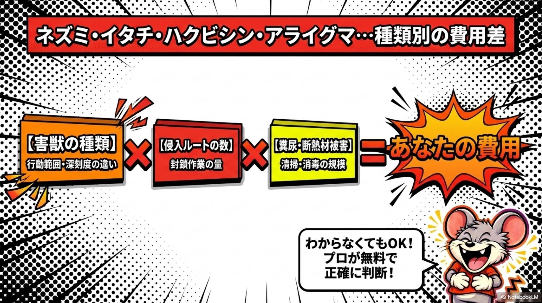 害獣プロテックの料金は、現地調査後に提示されます。
被害に悩んでいる方は、まず無料見積りをおすすめ。