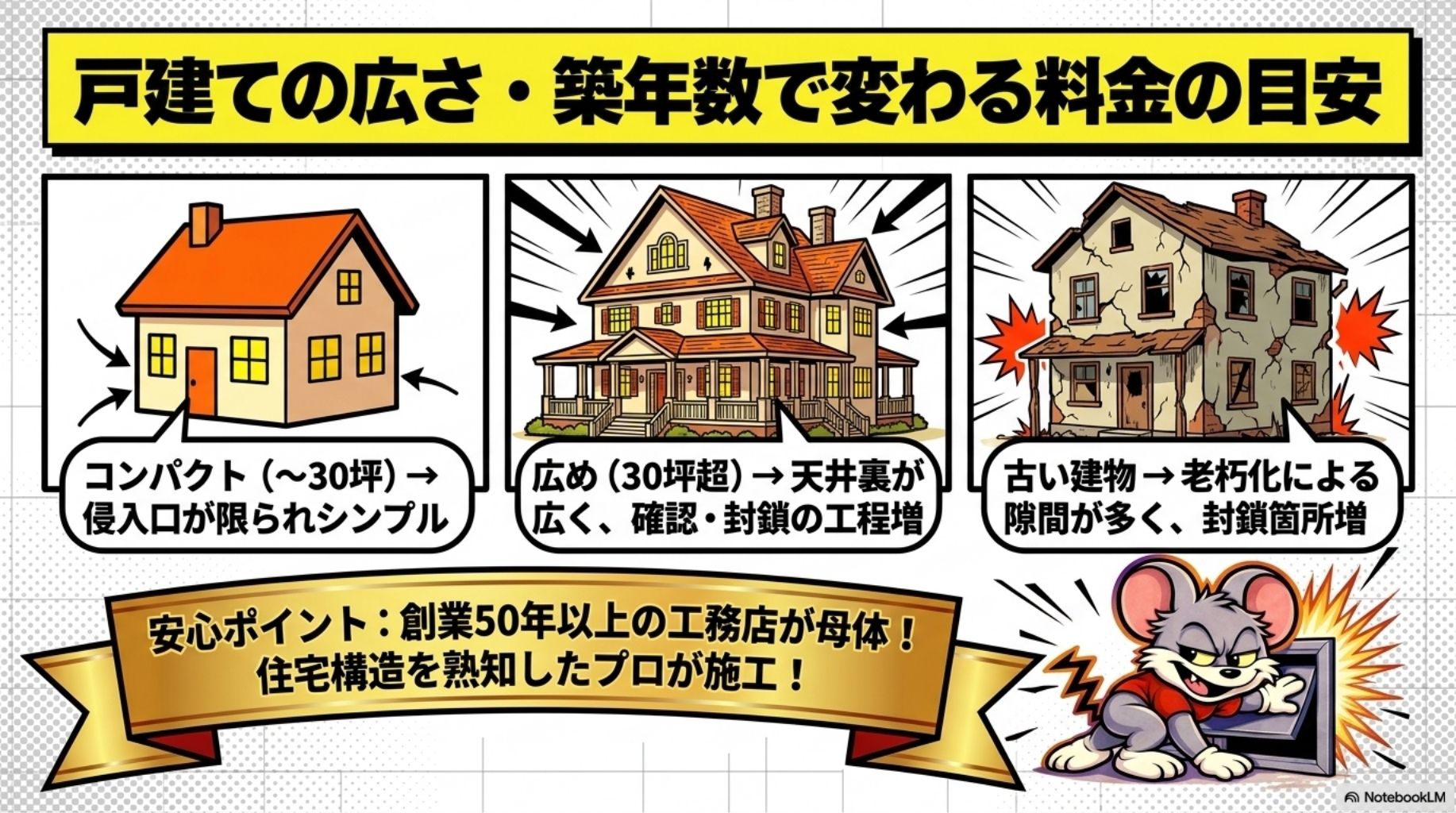害獣プロテックの料金は、家の広さや築年数で変わります。
