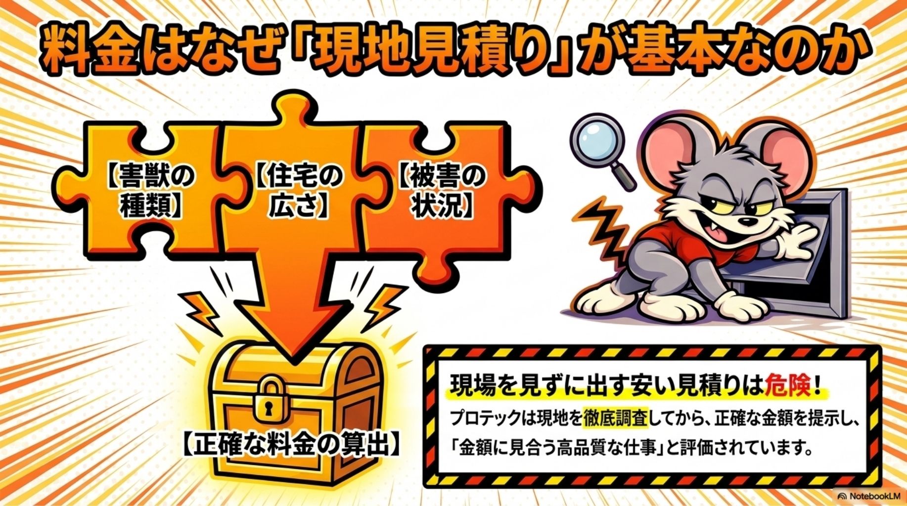 害獣駆除は、被害状況や被害範囲で金額が変わります。現地調査のない見積りは注意が必要。害獣プロテックは、徹底した現地調査により金額を提示します。