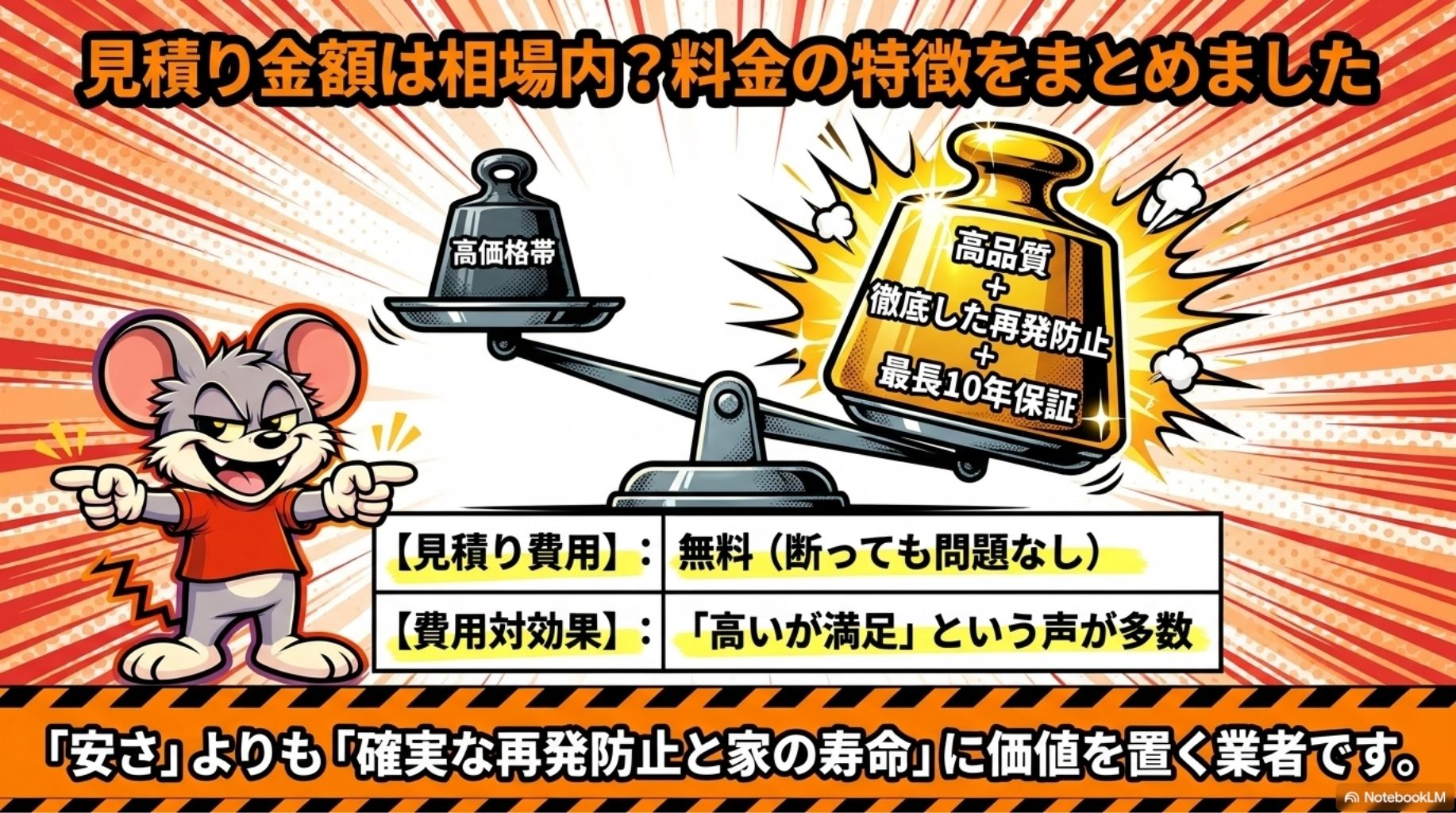 害獣プロテックは、①高品質、②徹底した再発防止、③最長10年保証を提供しています。このことから、「安さ」より「家の寿命」に価値を置く業者です。
