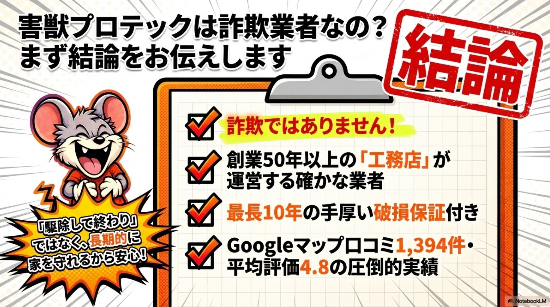 害獣プロテックは、詐欺業者ではありません。信頼実績がある業者が提供しています。