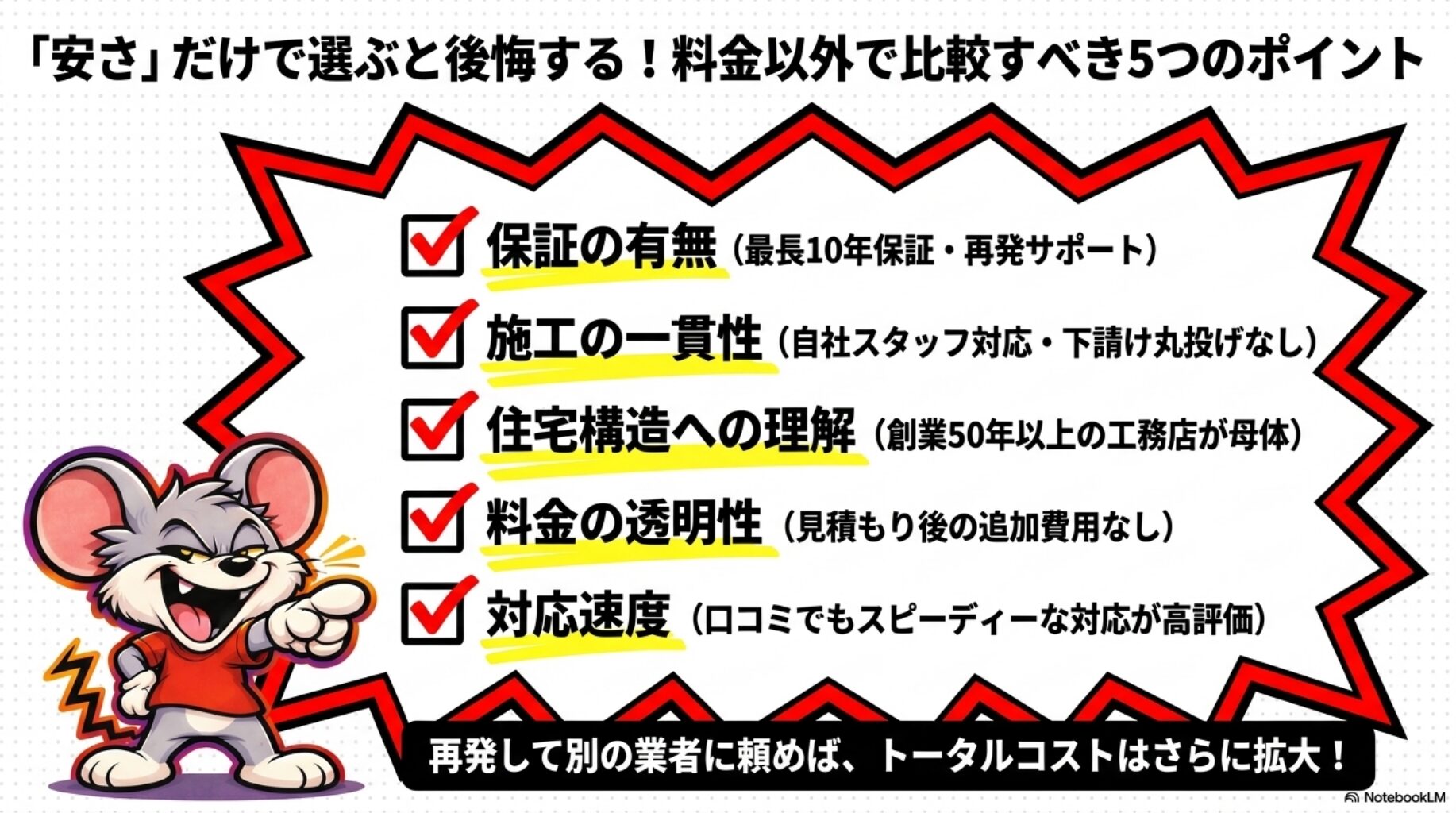 「安さ」だけで業者を選ぶと後悔することに。料金以外で比較するべき５つのポイントを紹介します。