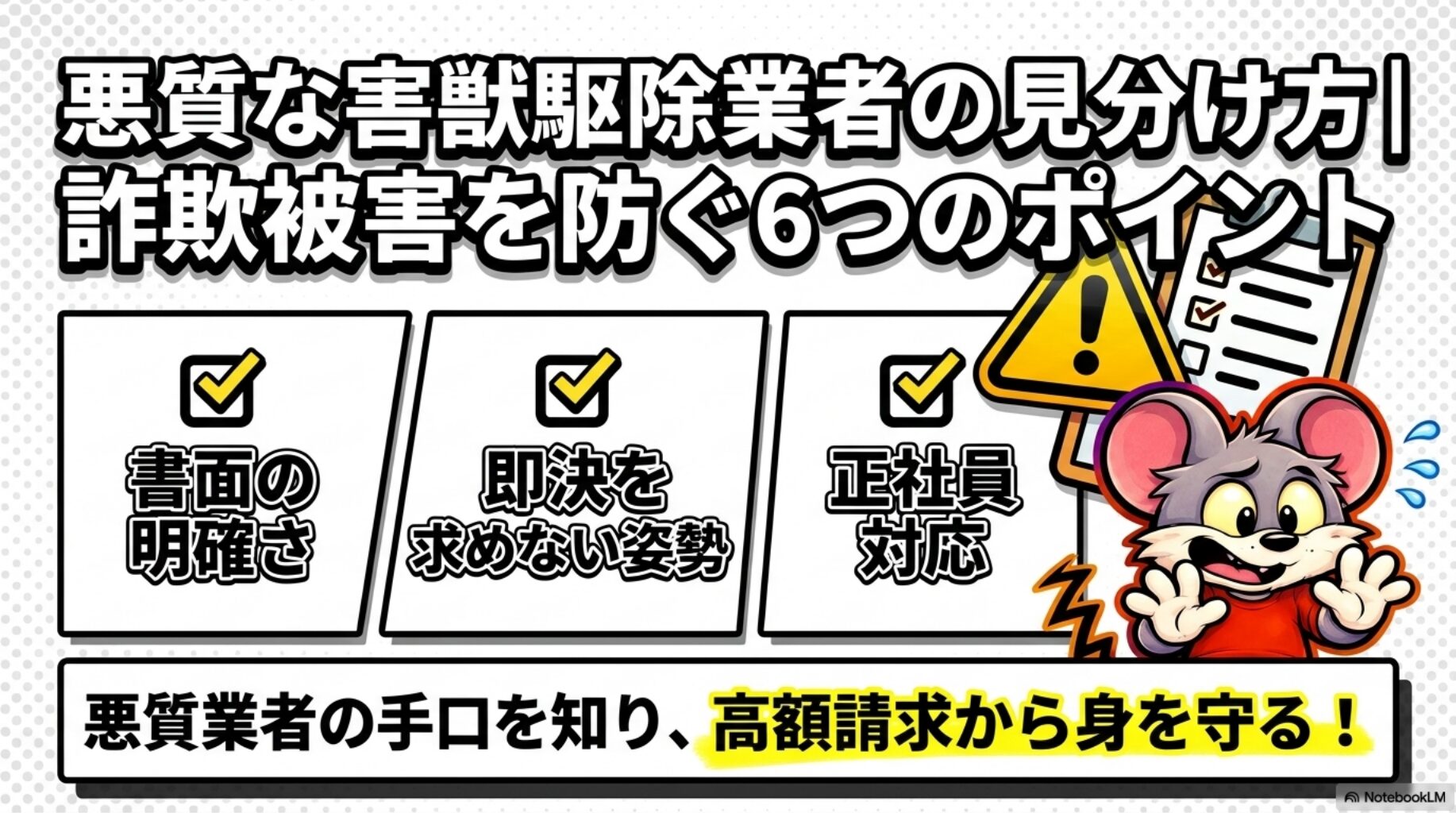 安心して害獣駆除を依頼するために、詐欺業者を見分けるポイントを紹介します。