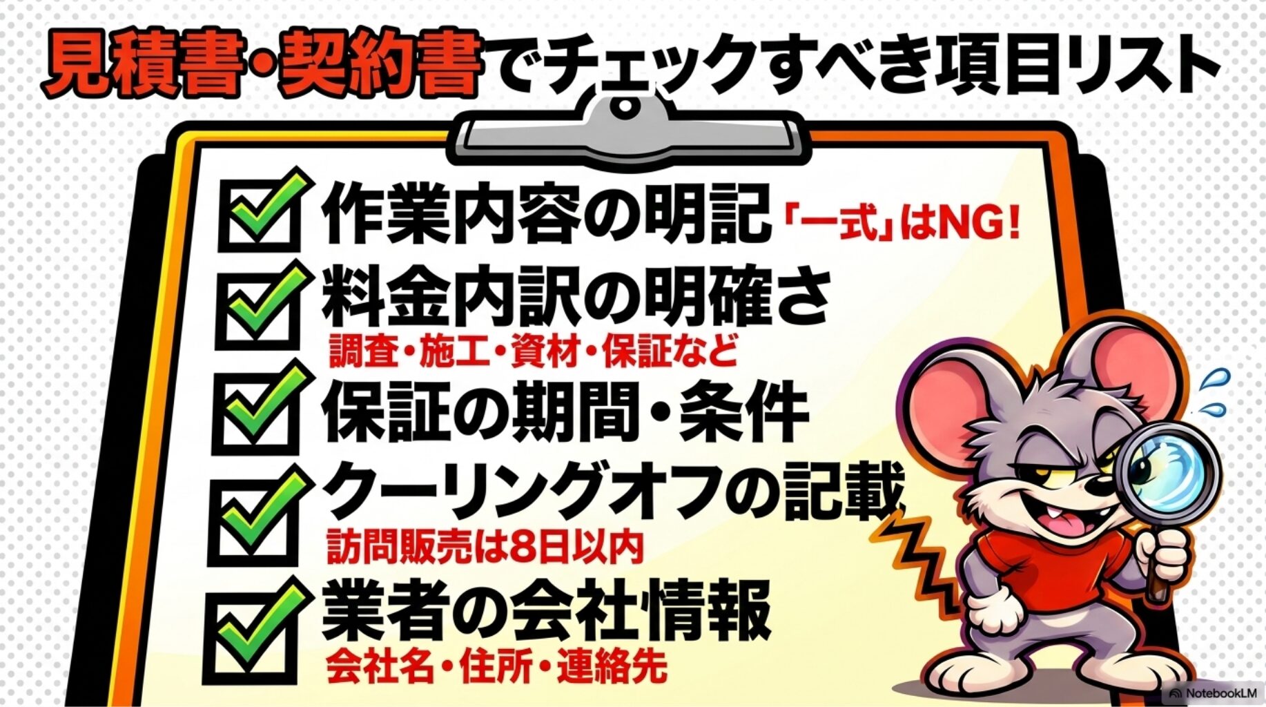 詐欺被害に会わないために、見積を取った際などに気を付ける内容を紹介します。