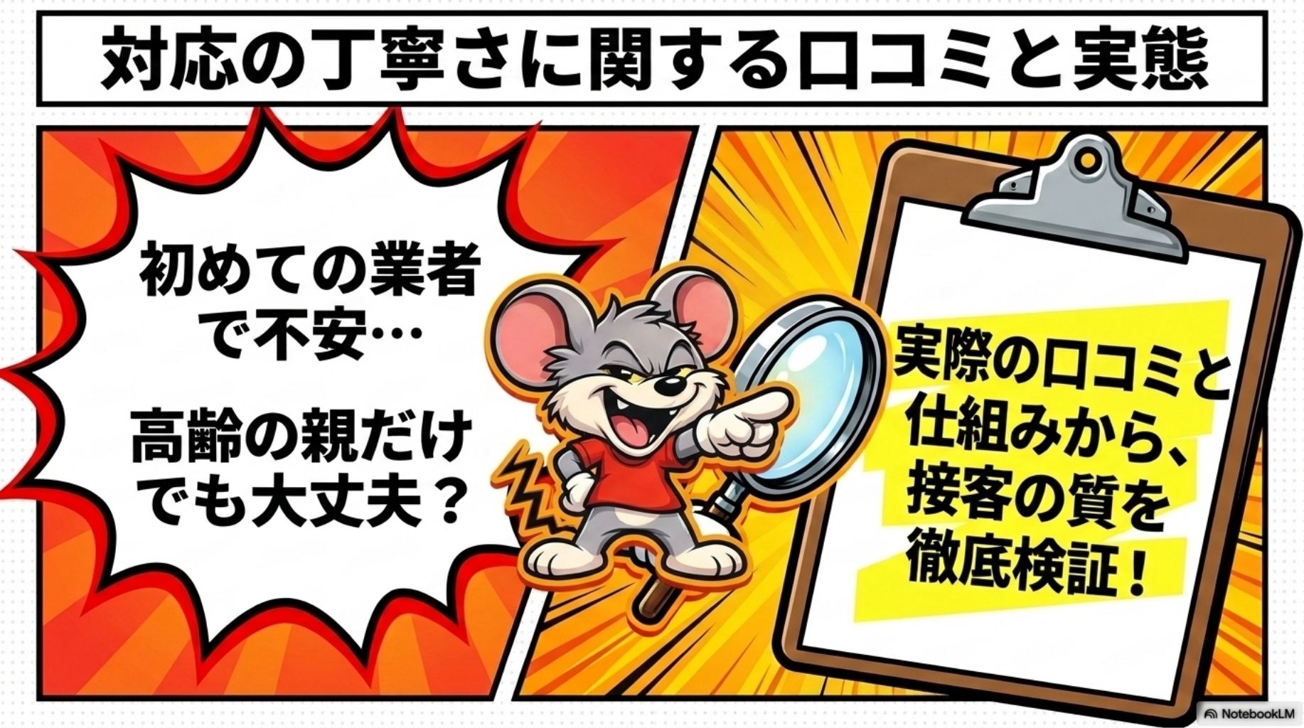 対応の丁寧さに関する口コミと実態の概要を図解したスライド