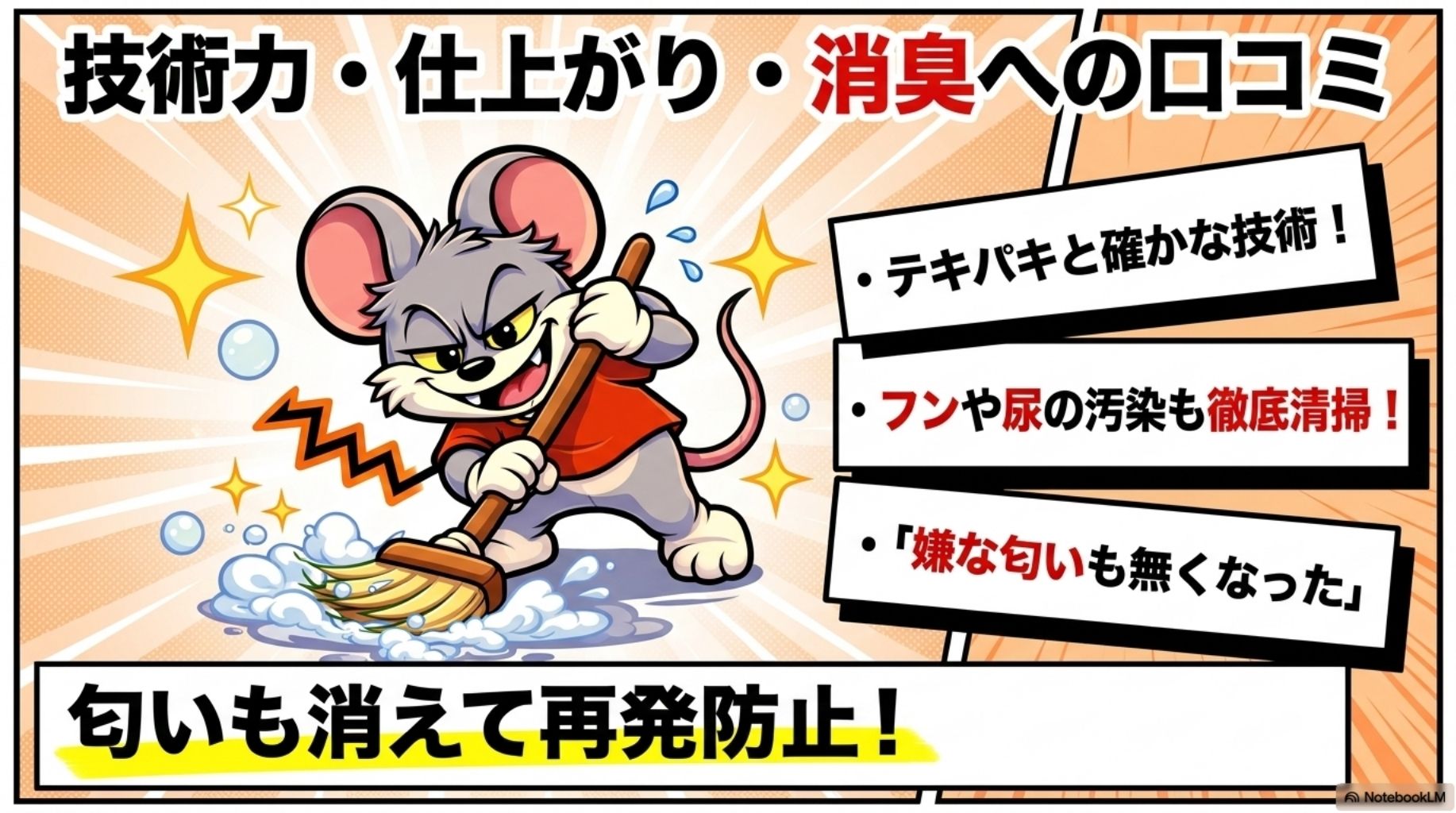 技術力・仕上がり・消臭への口コミを解説したスライド