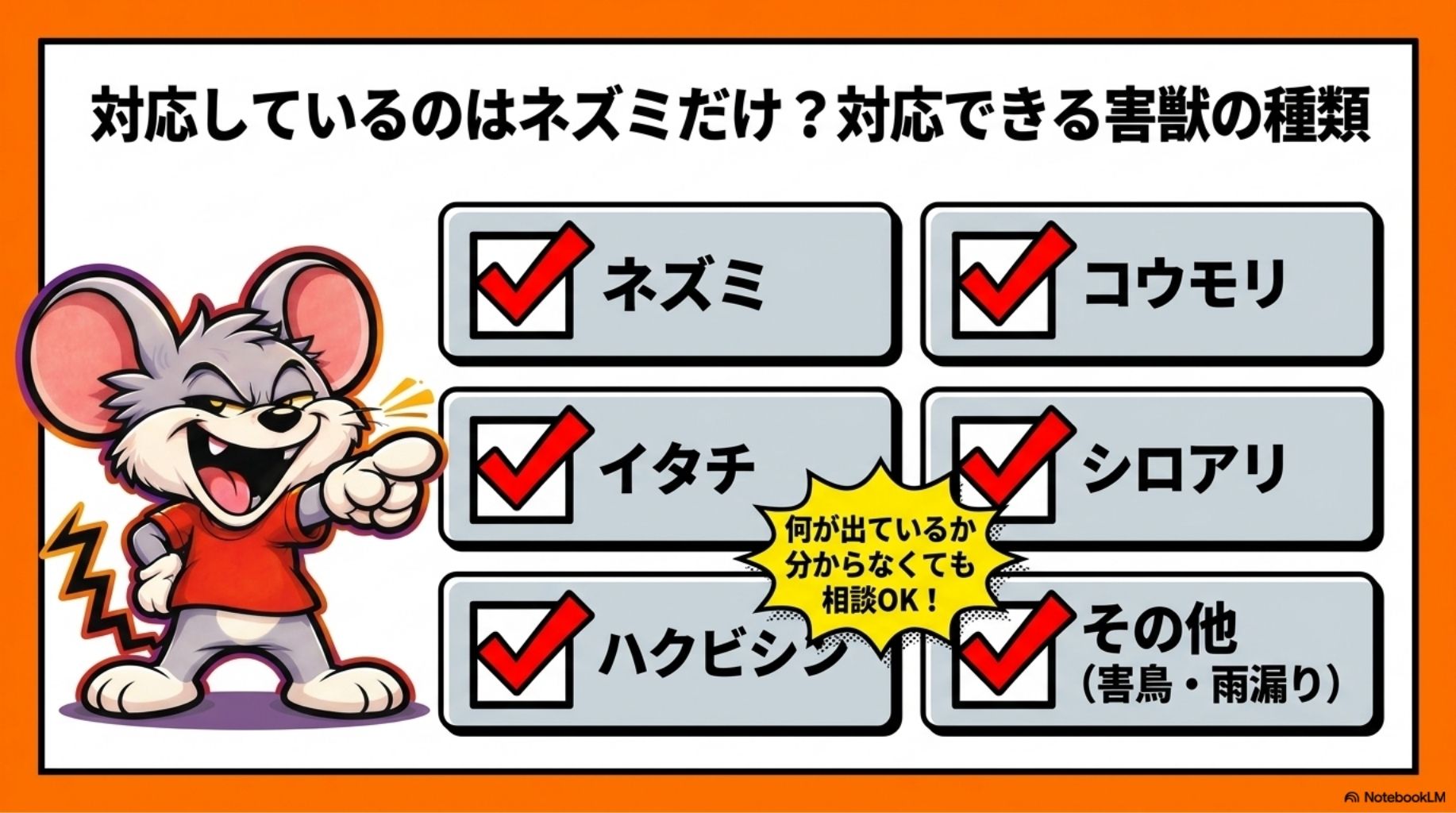 対応しているのはネズミだけ？対応できる害獣の種類を解説したスライド
