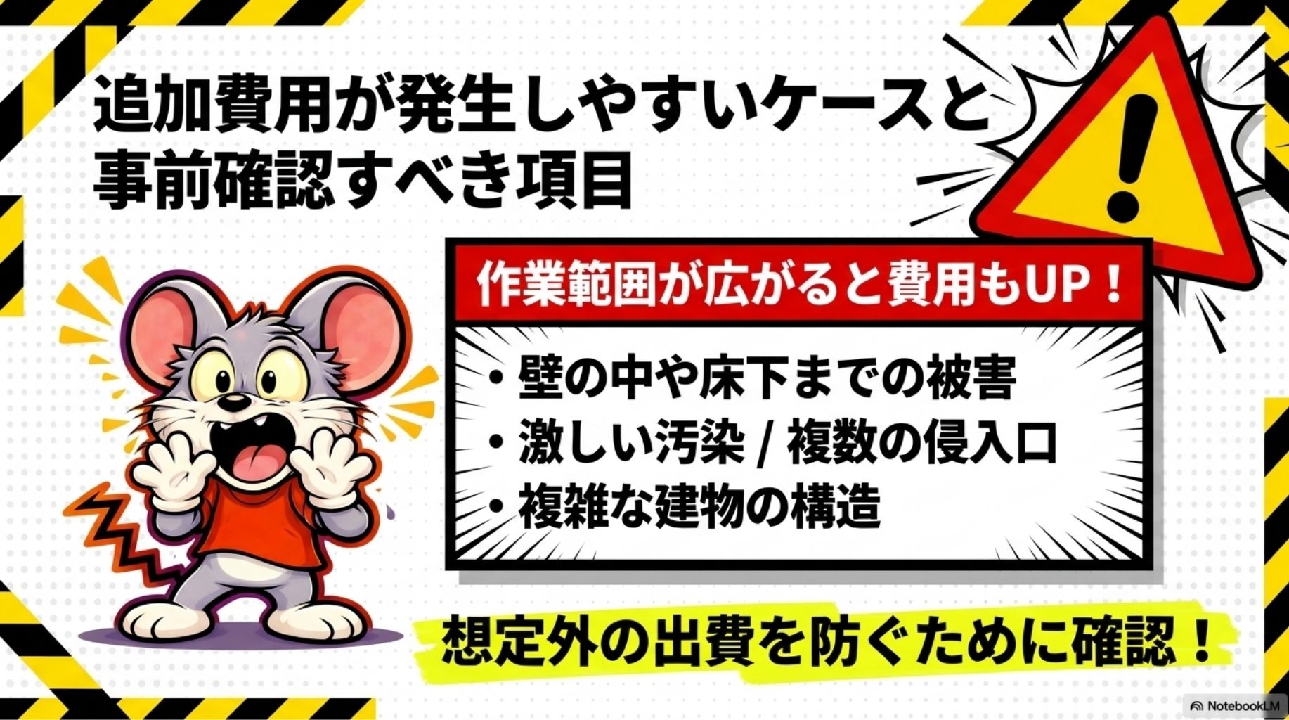 追加費用が発生しやすいケースと事前確認すべき項目を解説したスライド