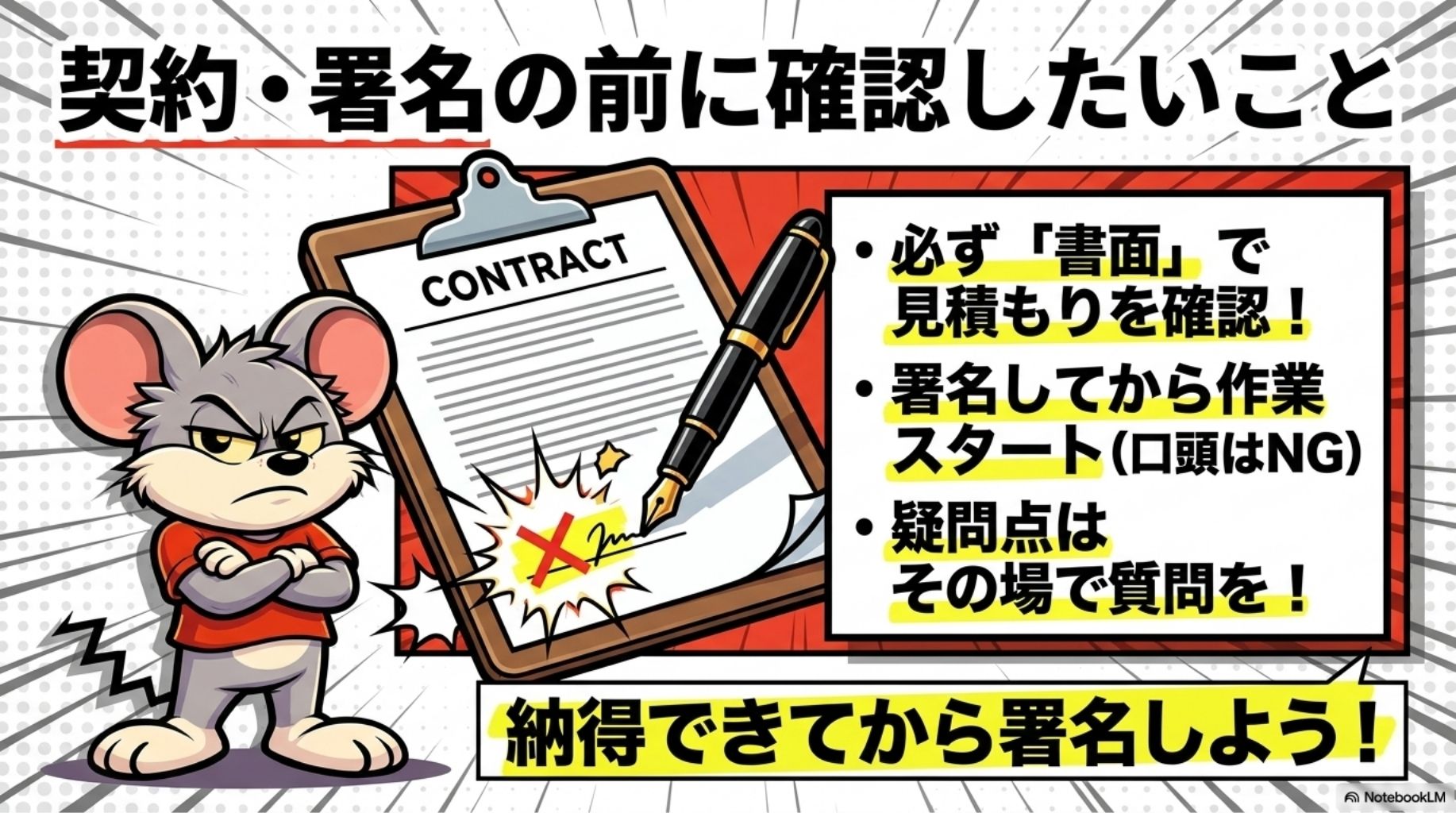 契約・署名の前に確認したいことを解説したスライド