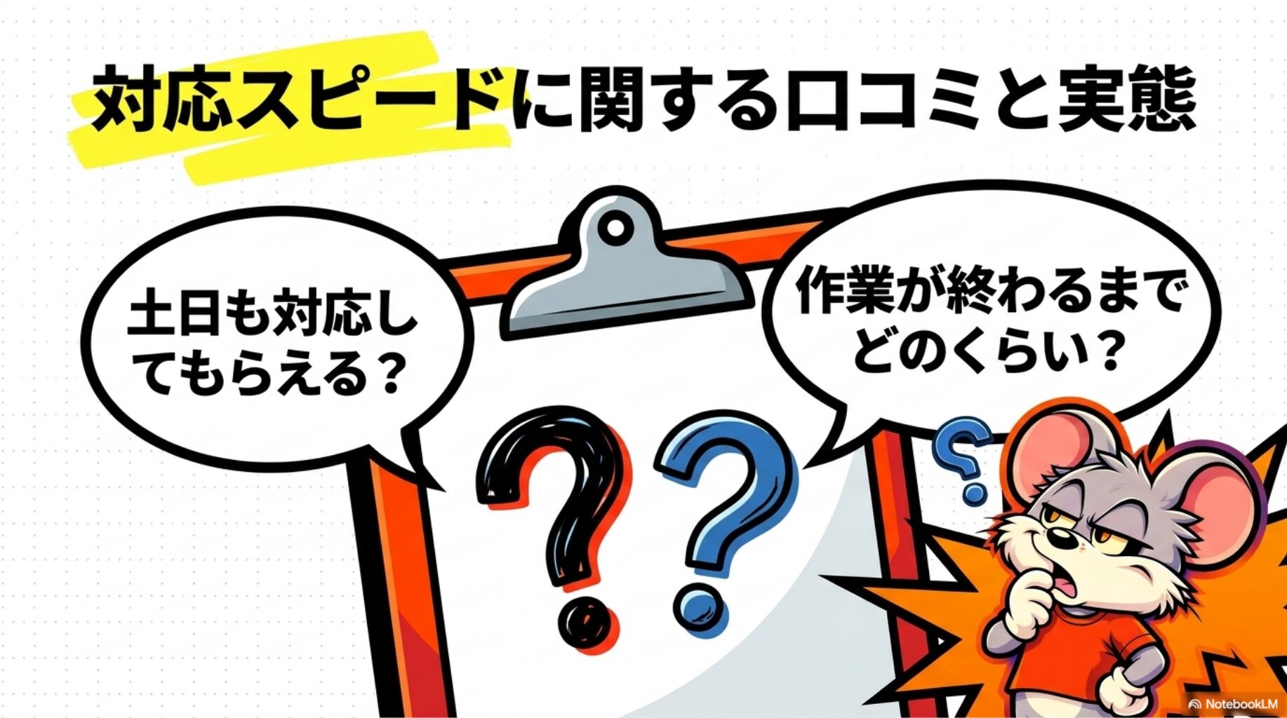 対応スピードに関する口コミと実態の概要を図解したスライド