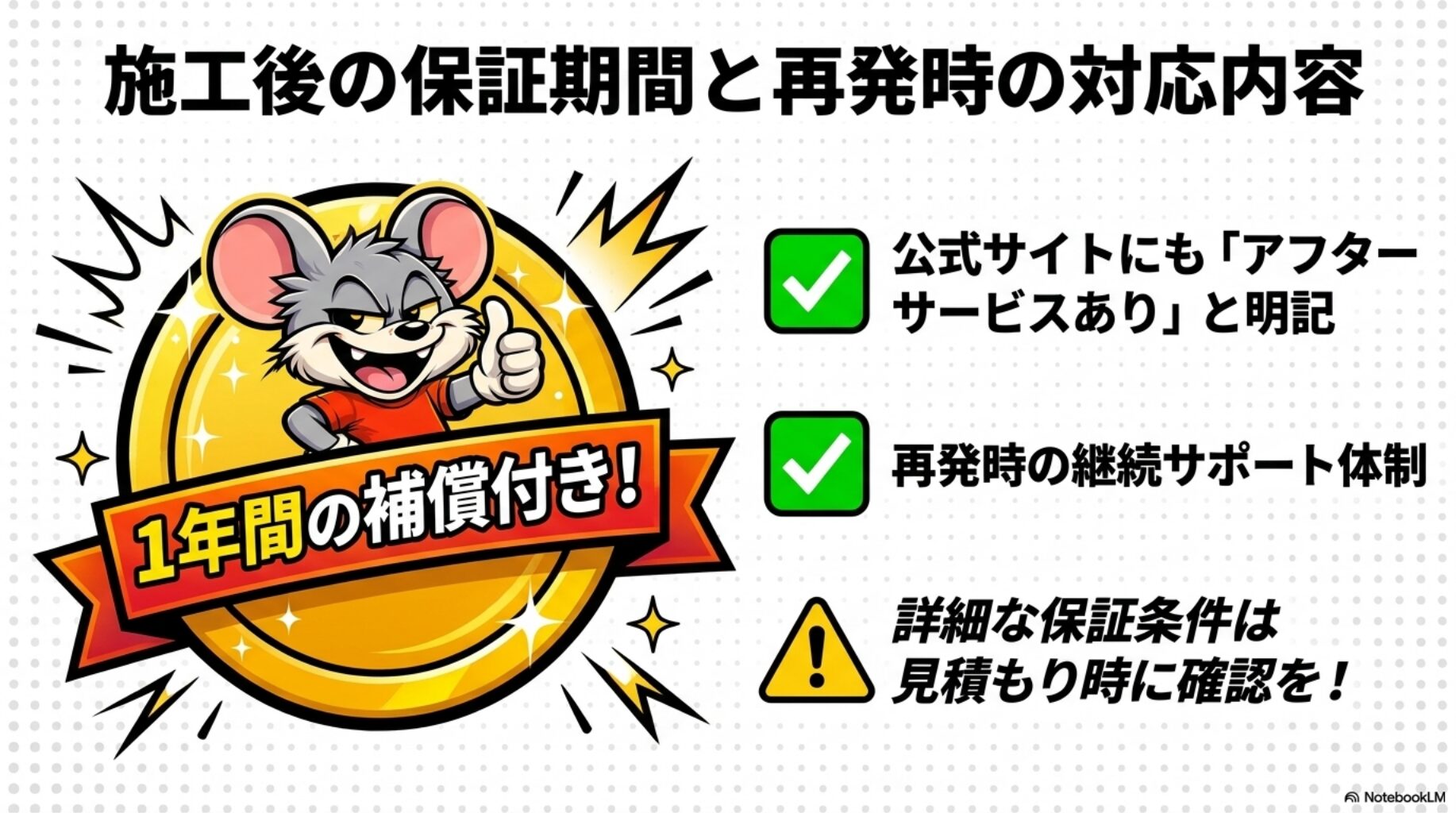 施工後の保証期間と再発時の対応内容を解説したスライド