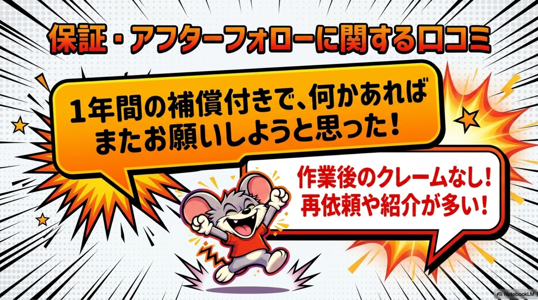 保証・アフターフォローに関する口コミを解説したスライド