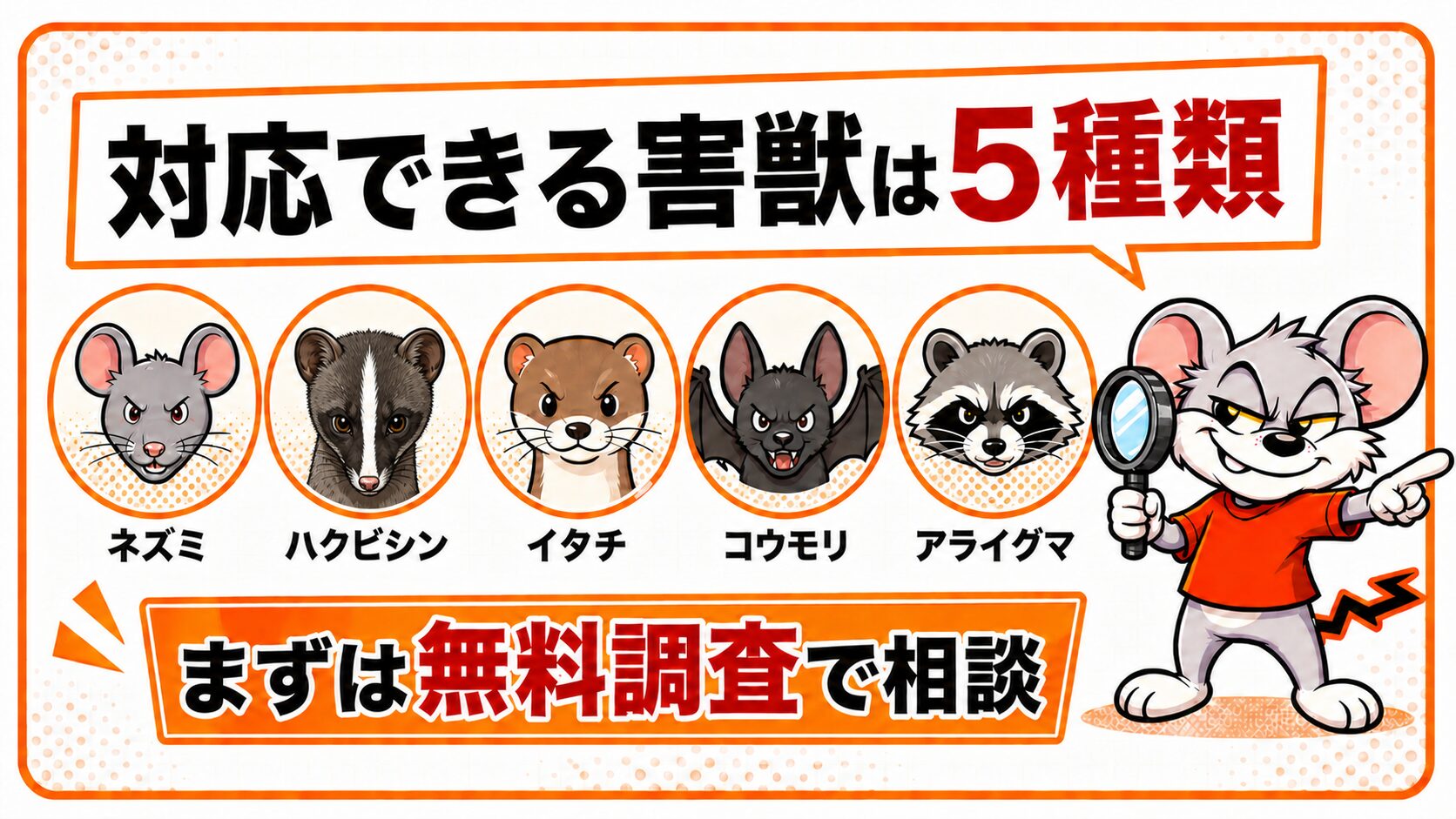 害獣プロガードが対応できる害獣の種類を図解したスライド