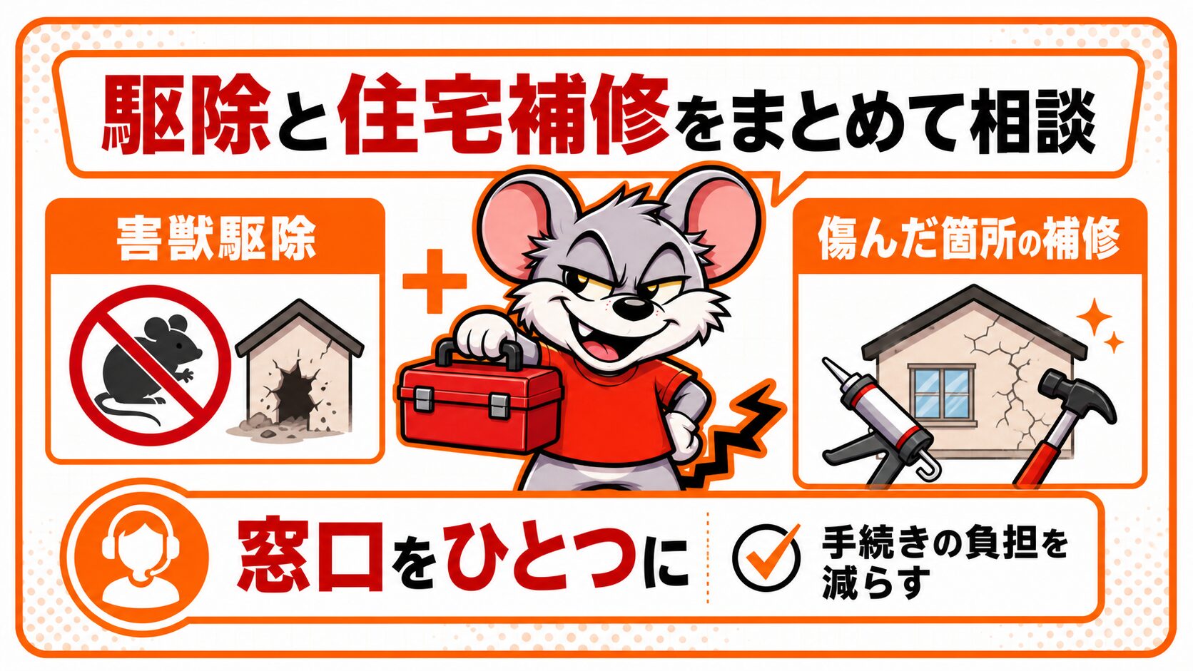 住宅補修にも強く駆除と修繕をまとめて依頼できることを解説したスライド