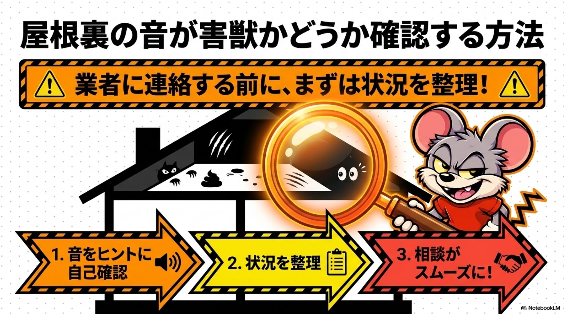 屋根裏の音が害獣かどうか確認する方法の概要を図解したスライド