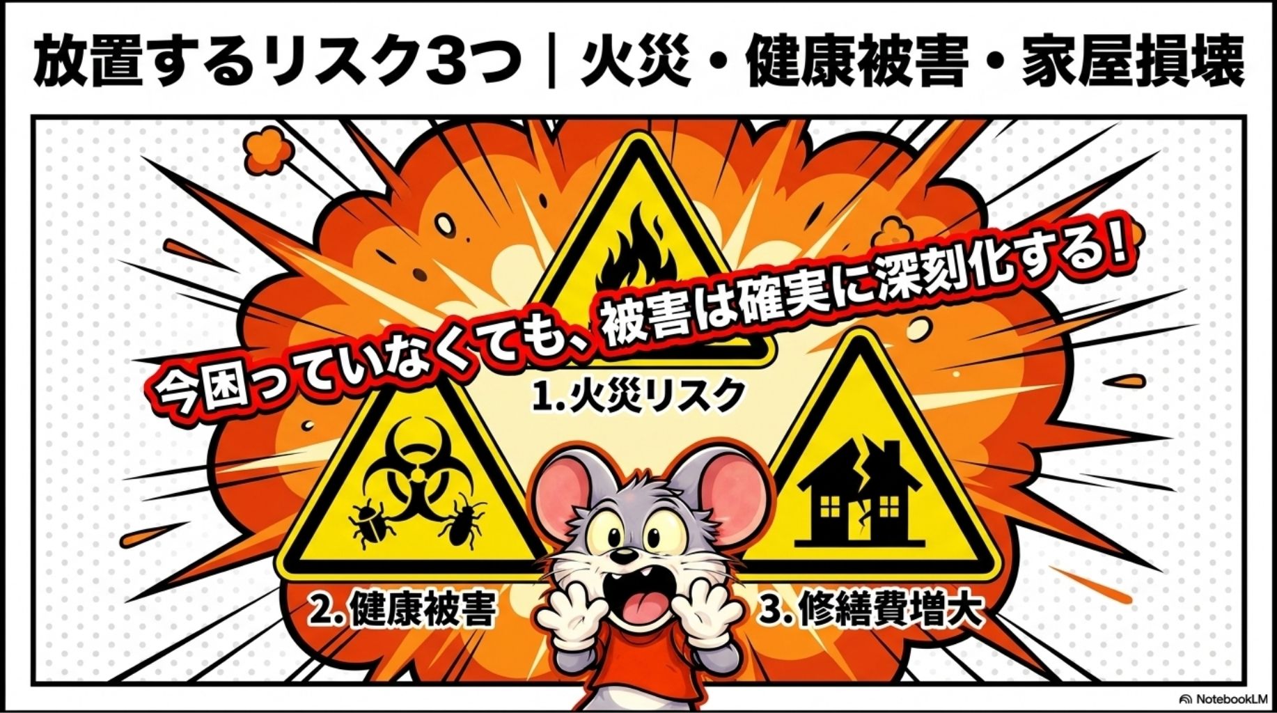 放置するリスク3つ（火災・健康被害・家屋損壊）の概要を図解したスライド