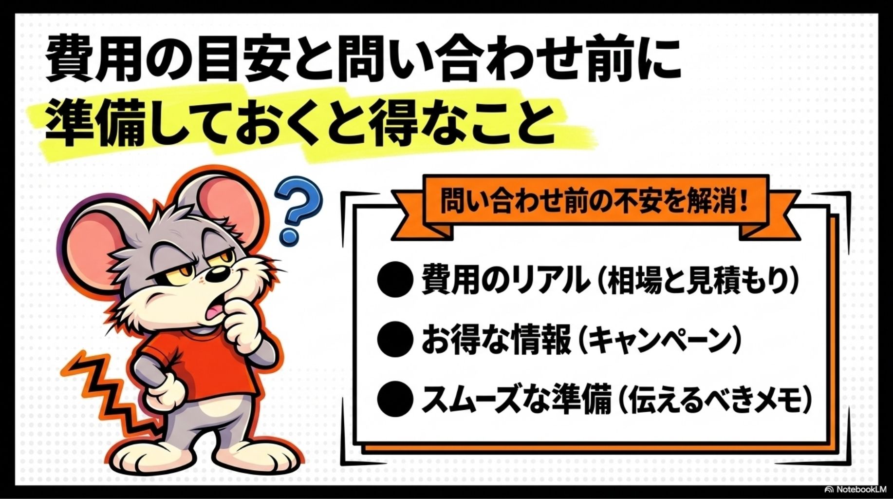 費用の目安と問い合わせ前に準備しておくと得なことの概要を図解したスライド