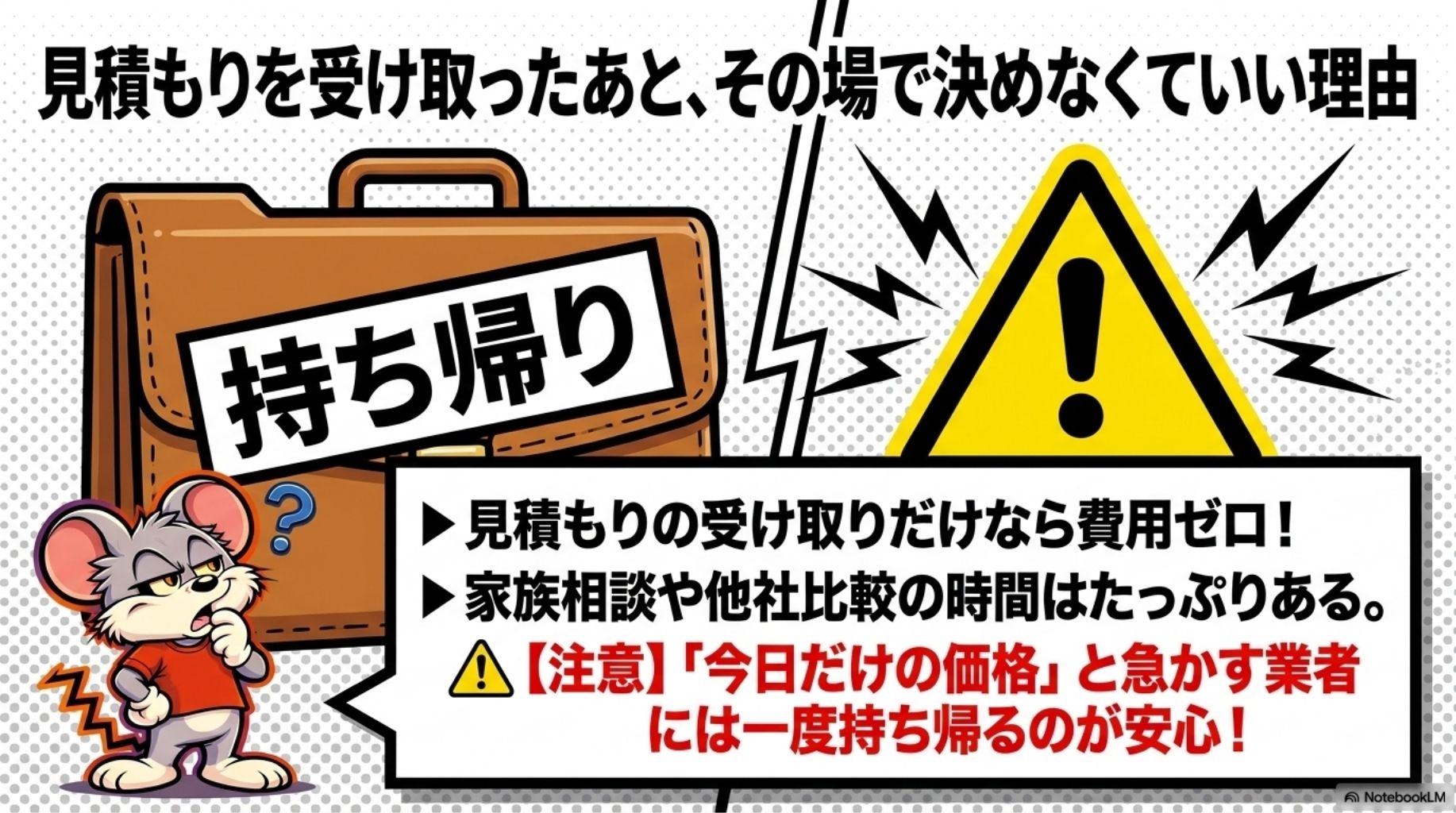 見積もりを受け取ったあと、その場で決めなくていい理由を解説したスライド