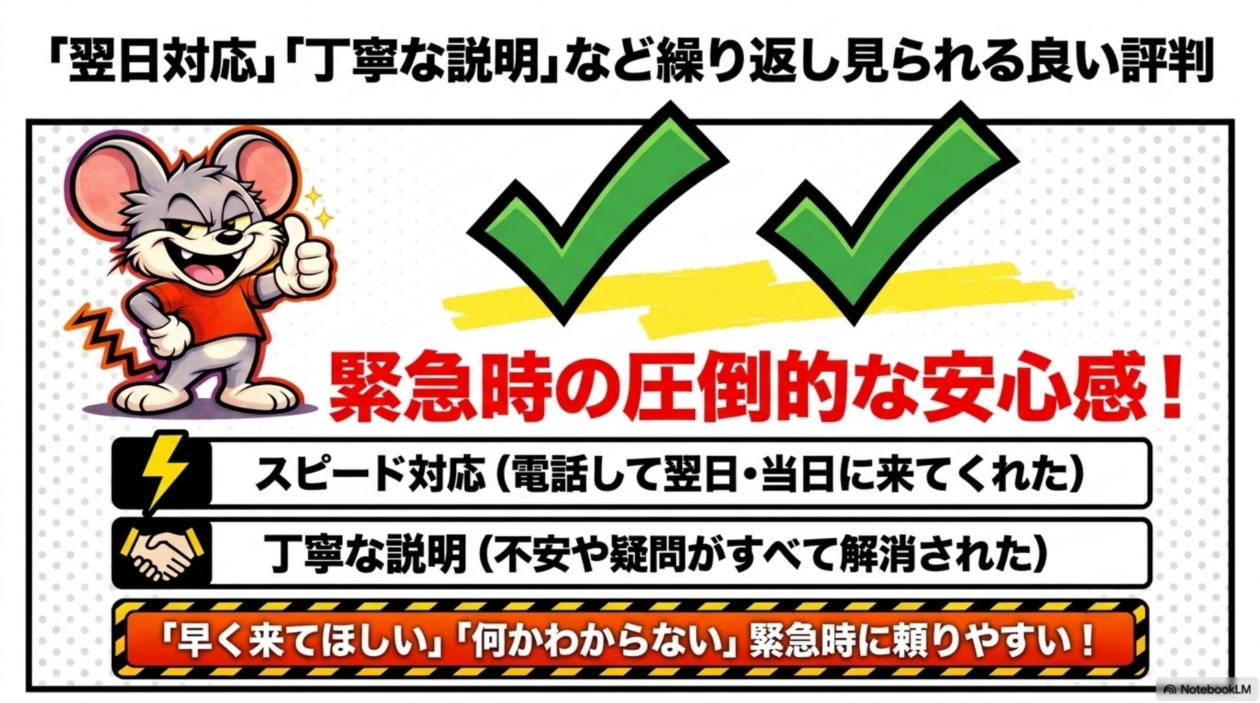 「翌日対応」「丁寧な説明」など繰り返し見られる良い評判を解説したスライド
