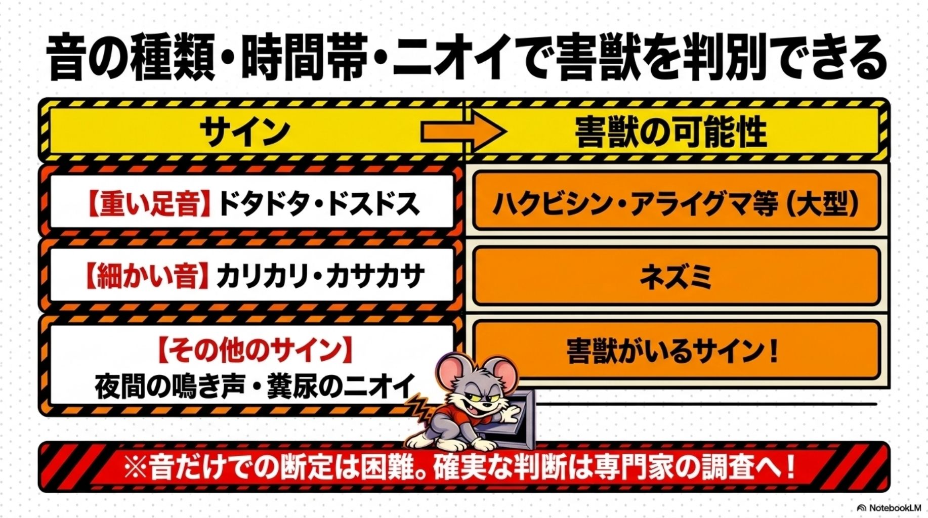 音の種類・時間帯・ニオイで害獣を判別する方法を解説したスライド