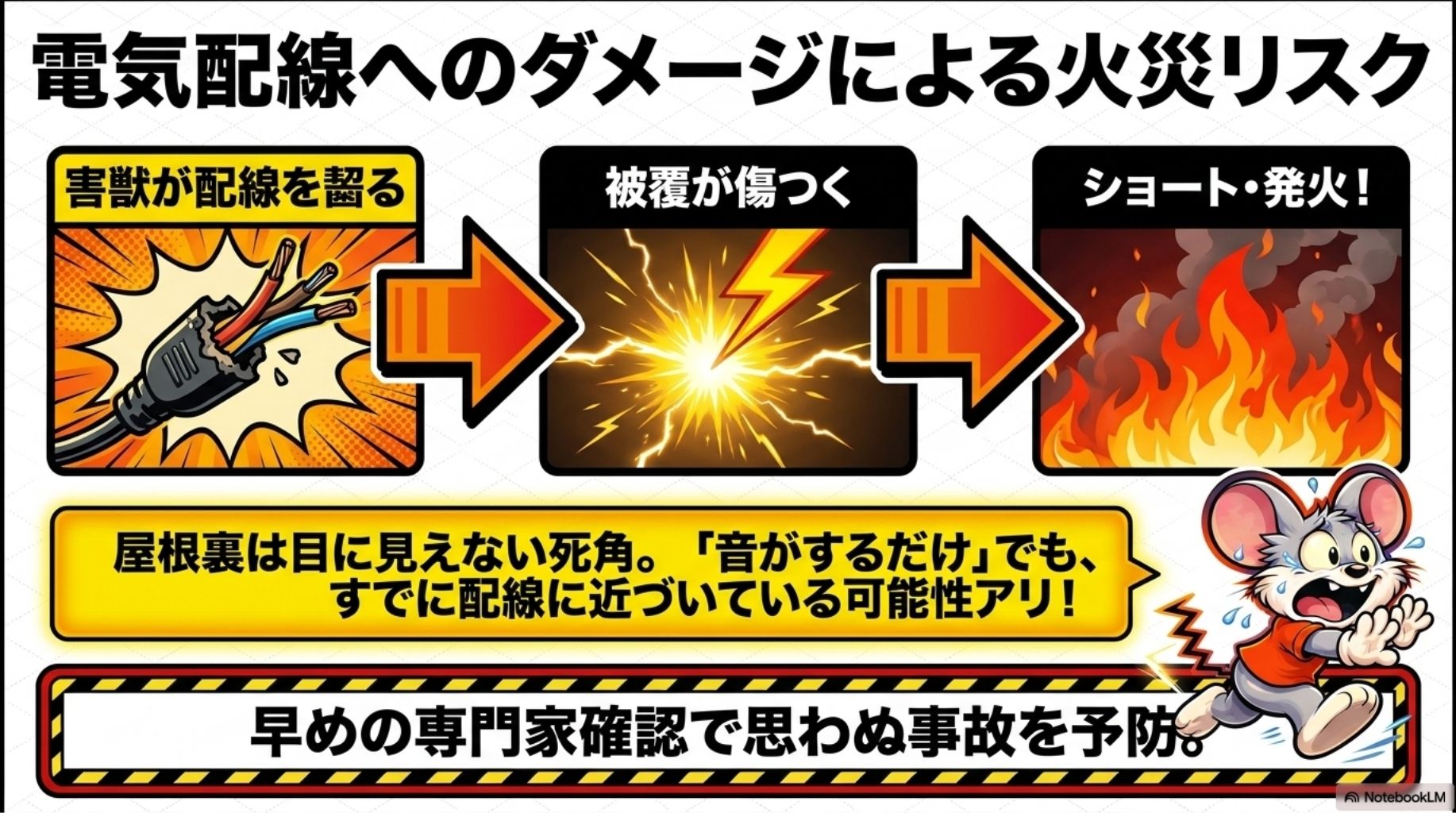 電気配線へのダメージによる火災リスクを解説したスライド