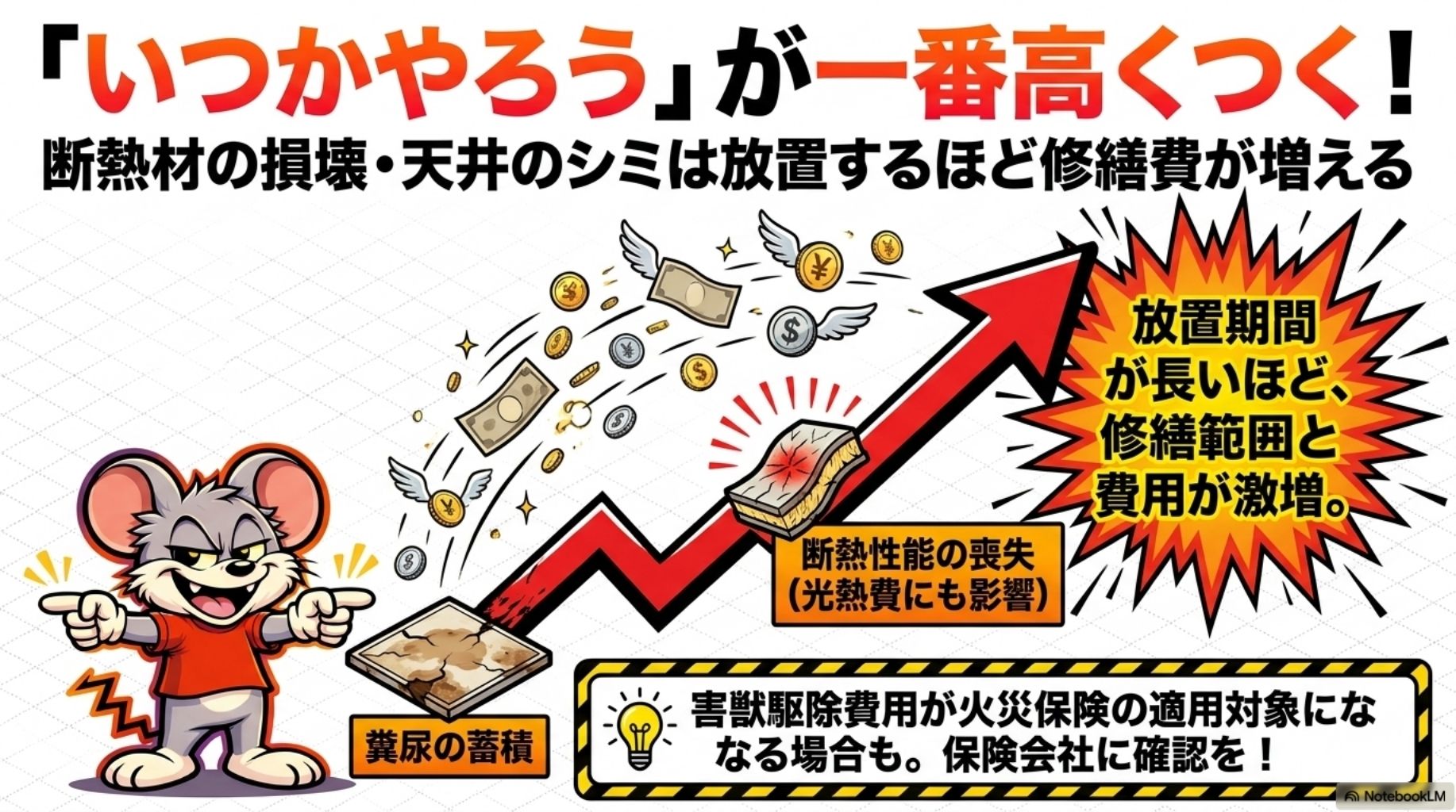 断熱材の損壊・天井のシミが放置するほど修繕費が増えることを解説したスライド