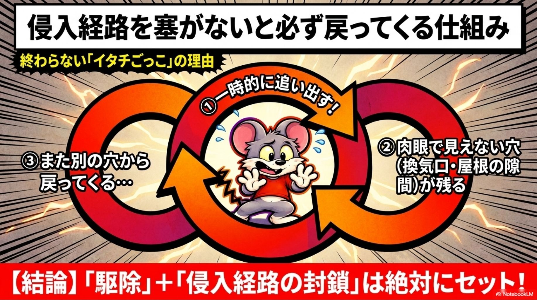 侵入経路を塞がないと必ず戻ってくる仕組みを解説したスライド