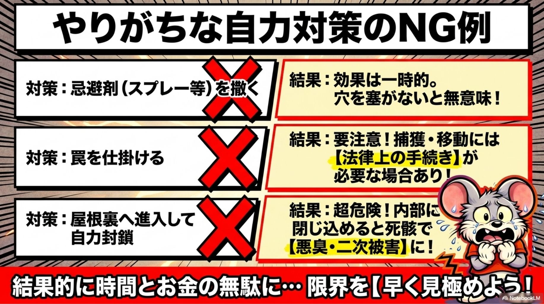 やりがちな自力対策のNG例を解説したスライド