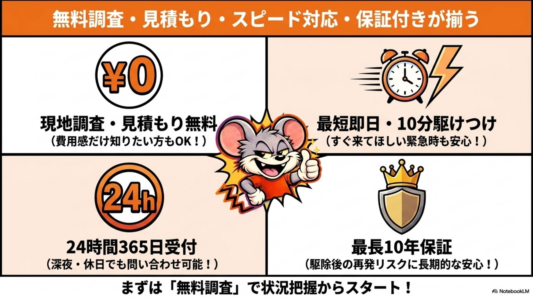 無料調査・見積もり・スピード対応・保証付きが揃うことを解説したスライド